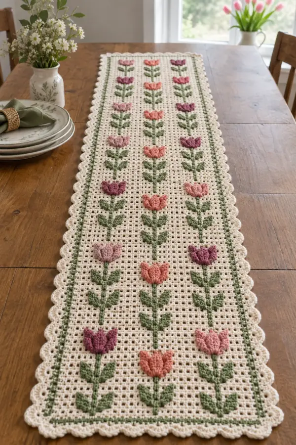Finished cream crochet tulip garden table runner with integrated sage stems and raised pink coral and plum flowers