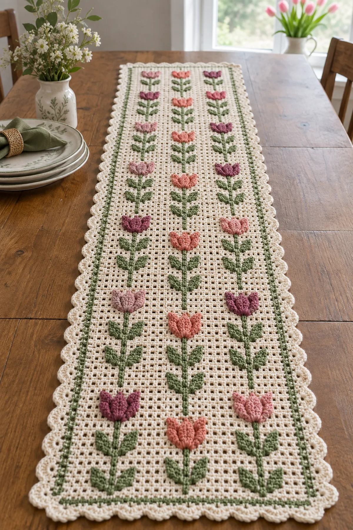 Finished cream crochet tulip garden table runner with integrated sage stems and raised pink coral and plum flowers