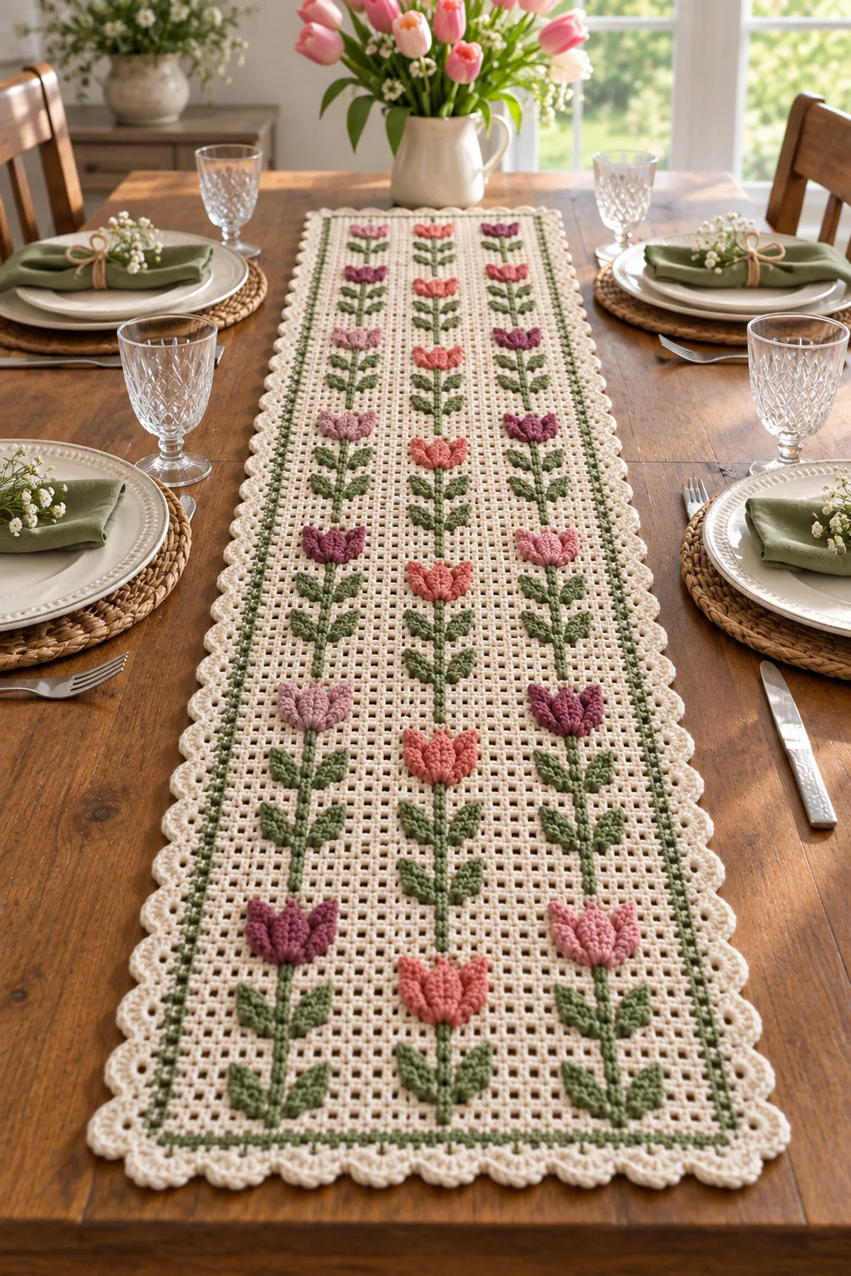Crochet tulip garden table runner styled on a fresh spring dining table
