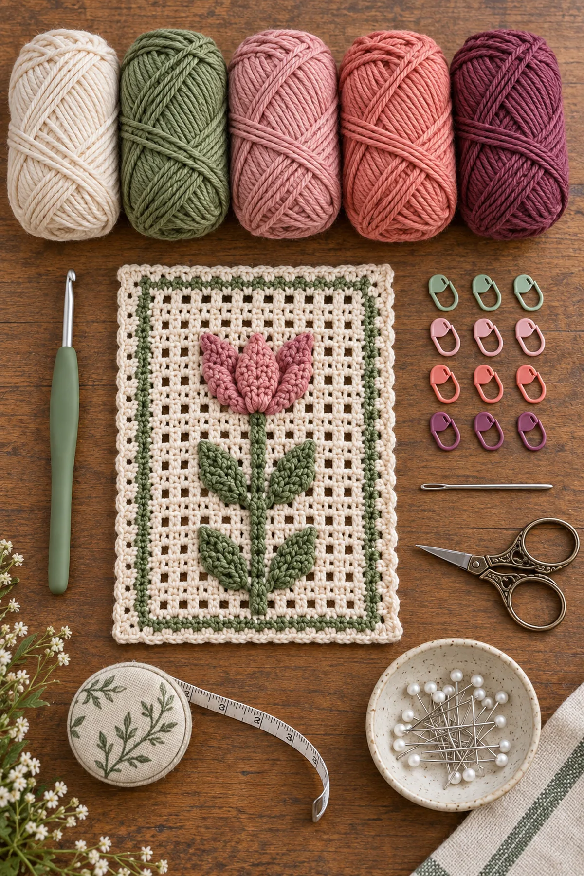 Cream sage pink coral and plum cotton yarn with crochet hook markers needle scissors and blocking tools