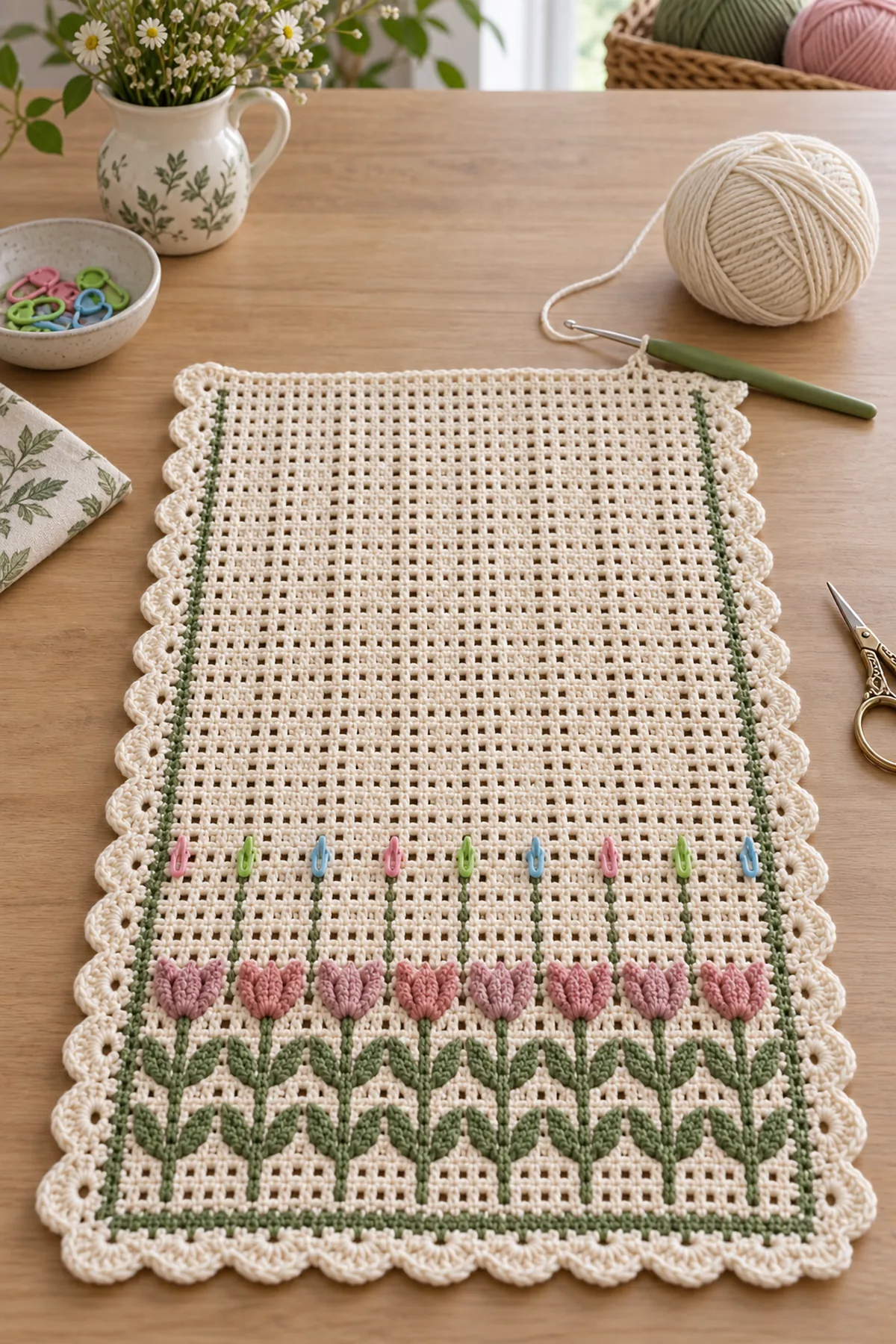 Cream filet lattice crochet runner with marked sage stem positions in progress