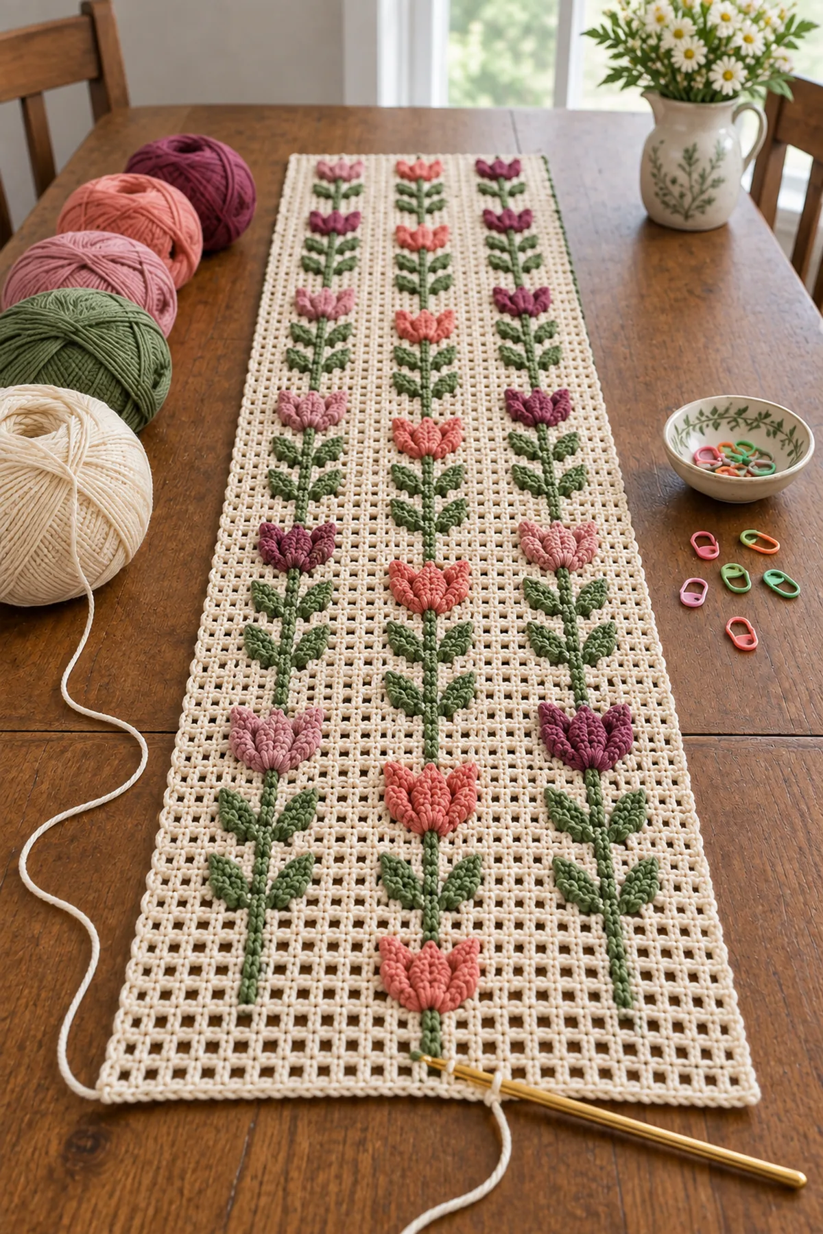 Long lace runner showing integrated rows of colorful raised tulip stitches