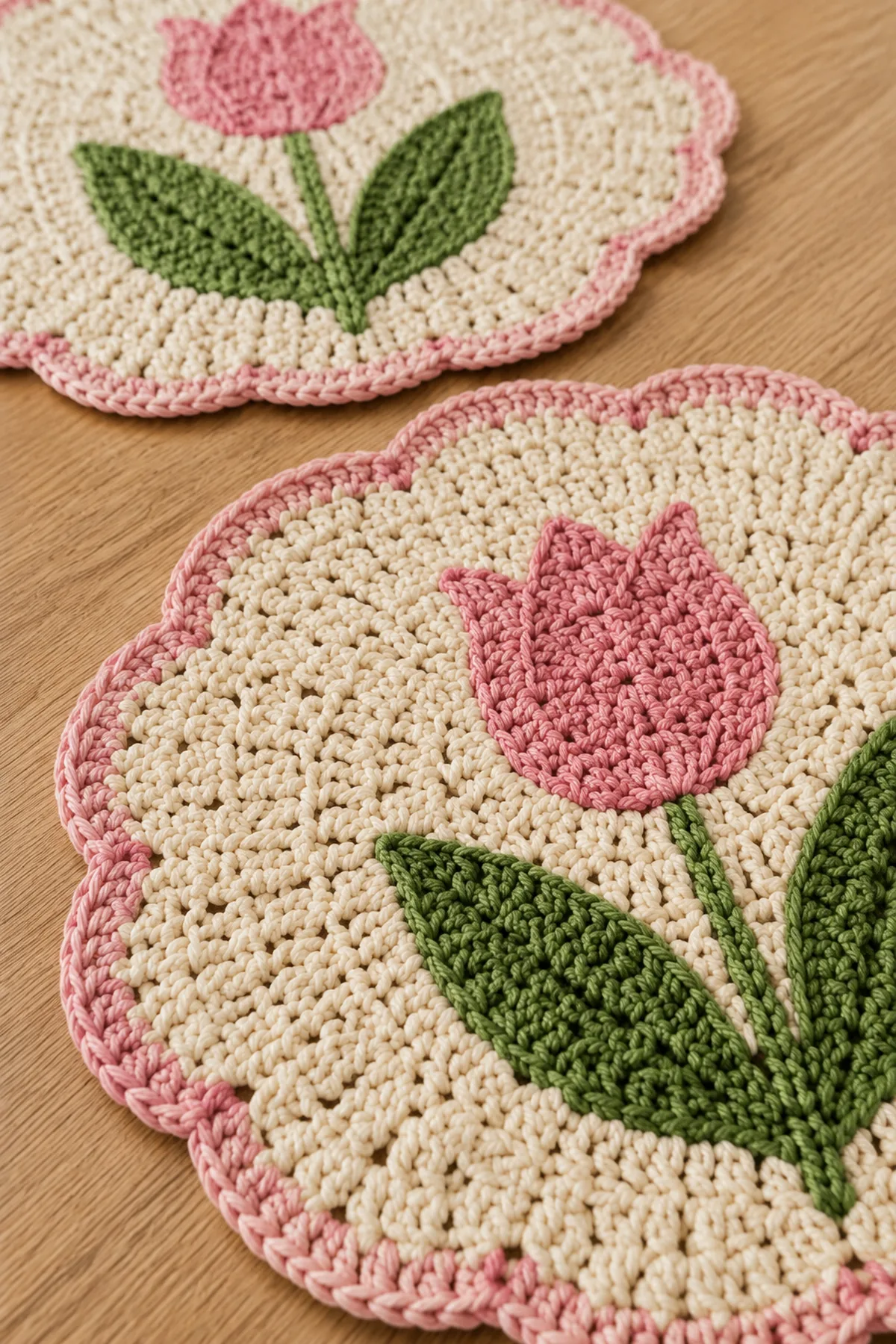Close-up of the stitch texture and finishing details on crochet tulip mini table mats