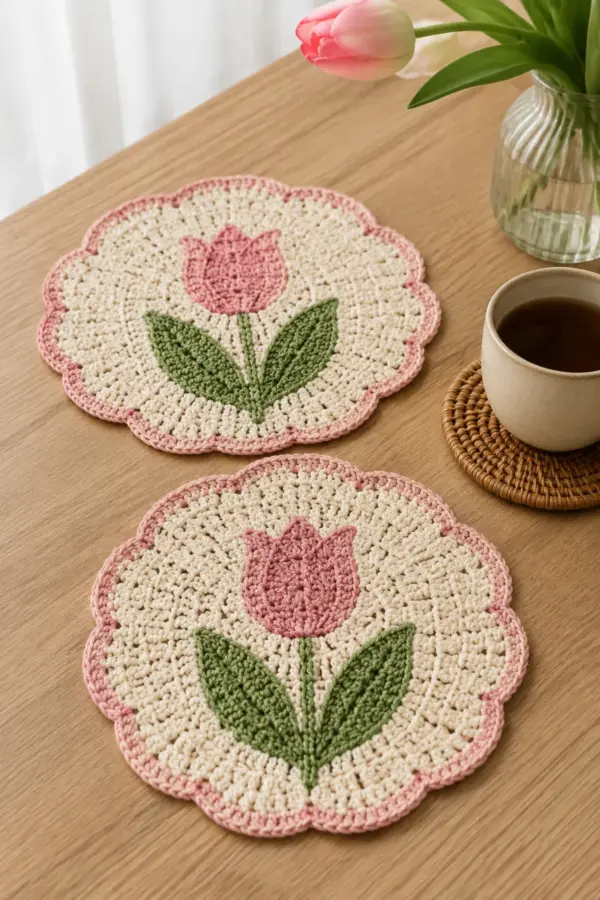 Finished crochet tulip mini table mats displayed with a clean handmade finish