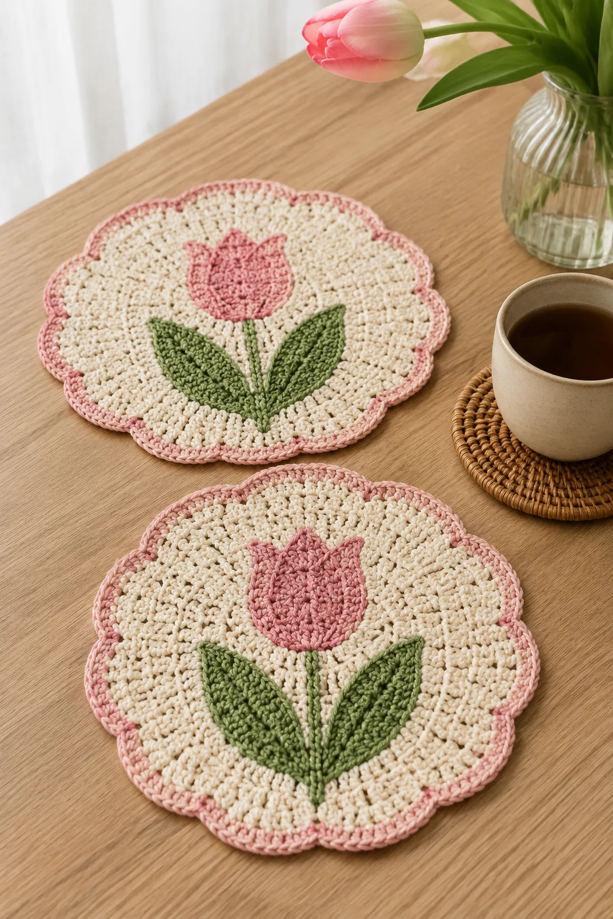 Finished crochet tulip mini table mats displayed with a clean handmade finish