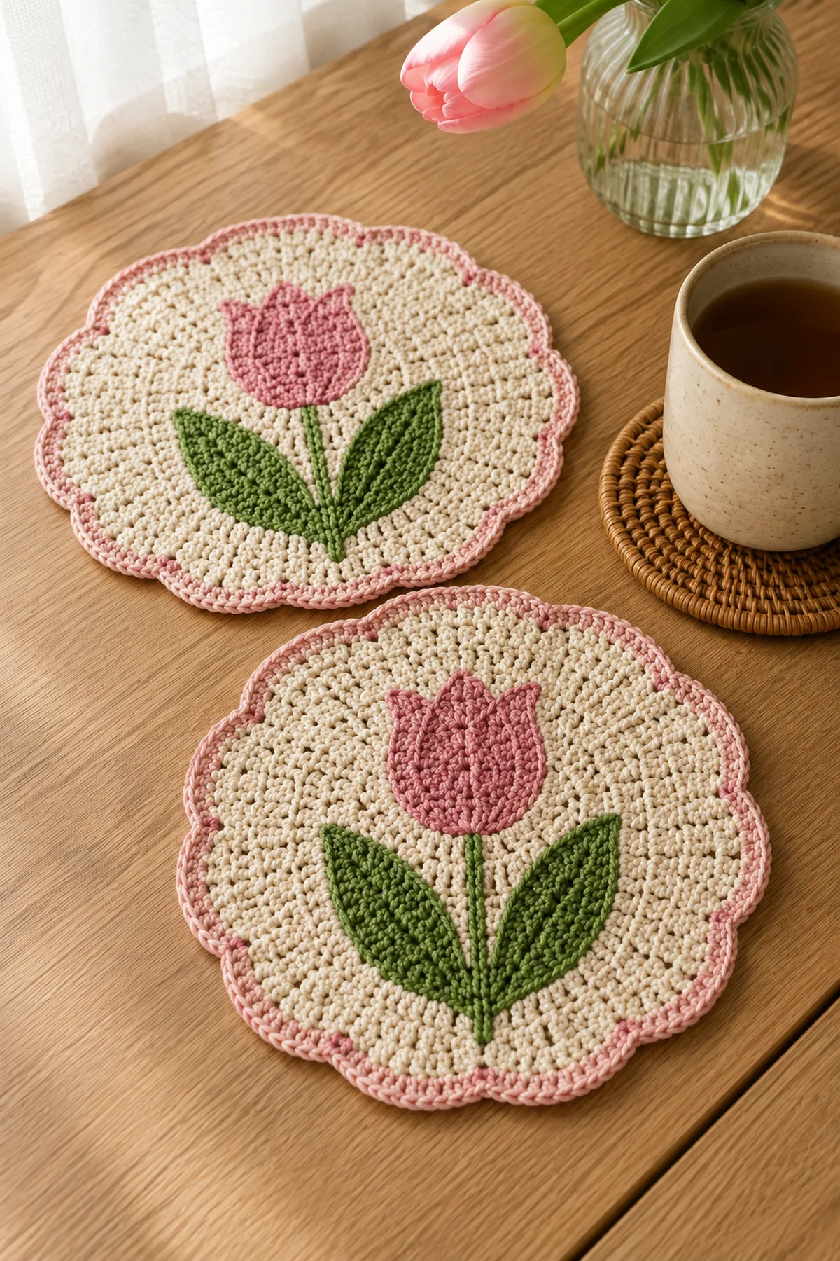 Finished crochet tulip mini table mats styled in a bright natural setting