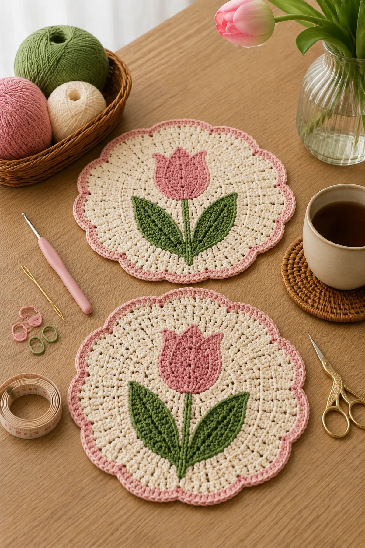 Yarn, crochet hook, stitch markers, yarn needle, tape measure, and scissors for crochet tulip mini table mats