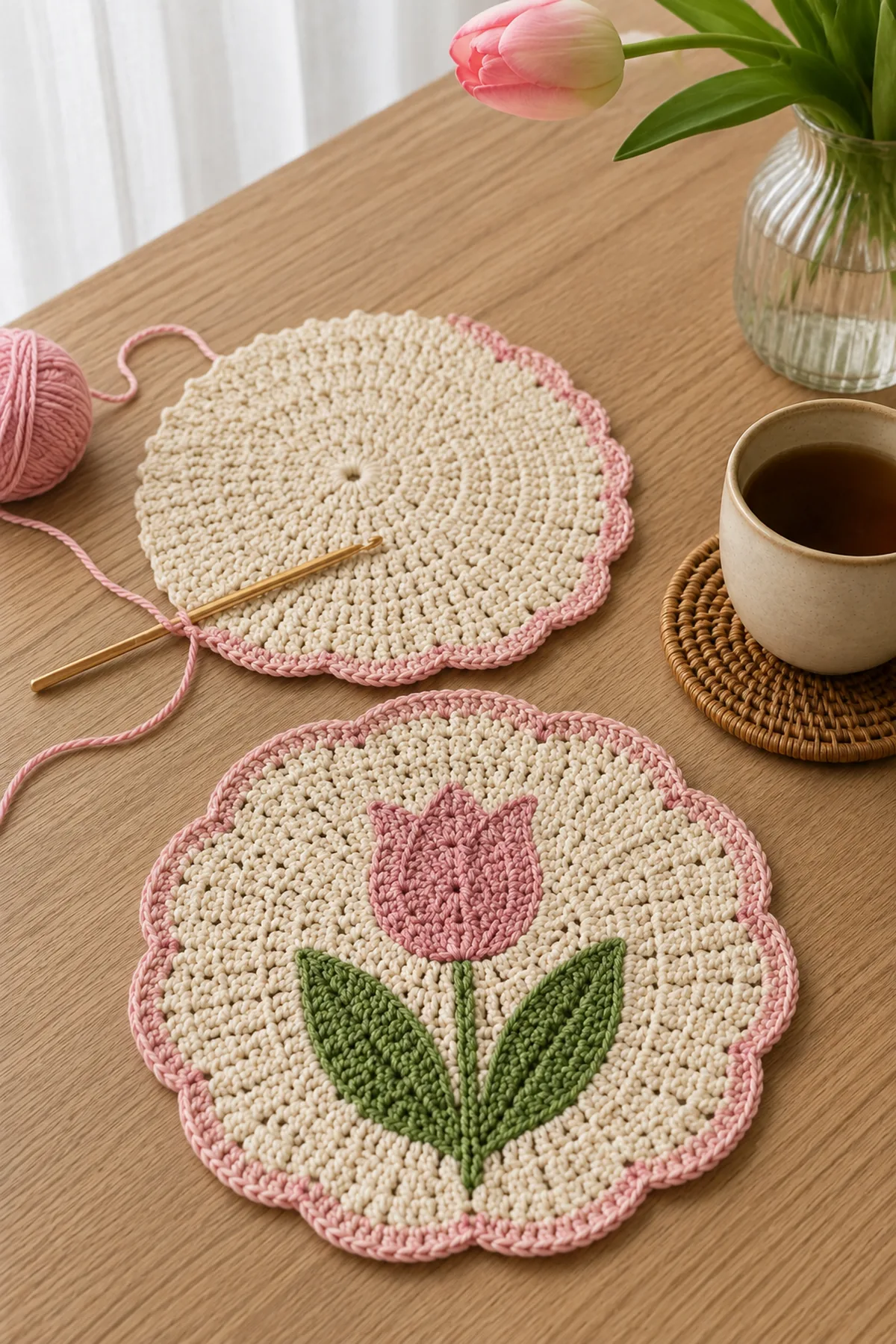 Early crochet construction stage for crochet tulip mini table mats with working yarn and hook