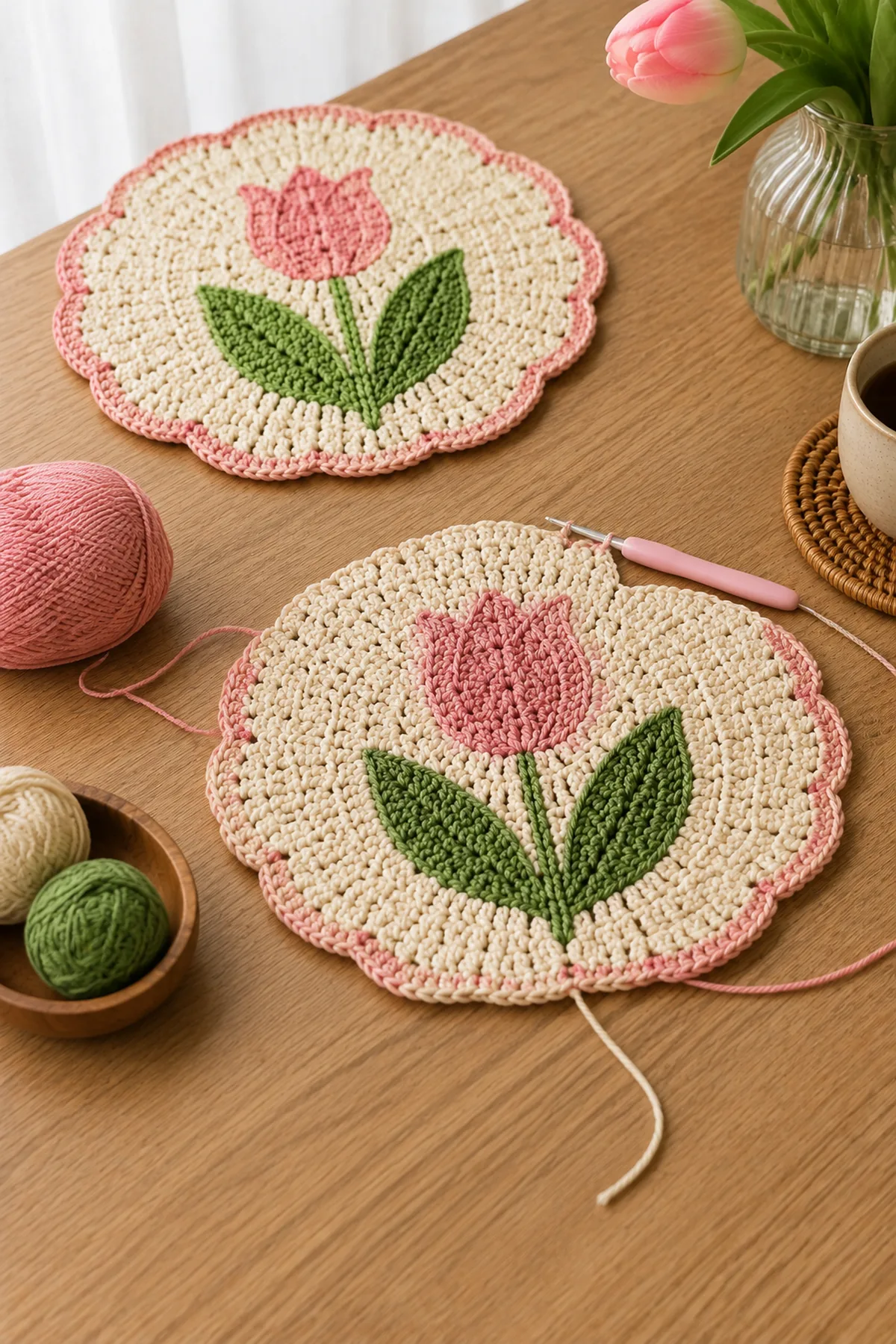 Mid-process crochet construction and shaping for crochet tulip mini table mats