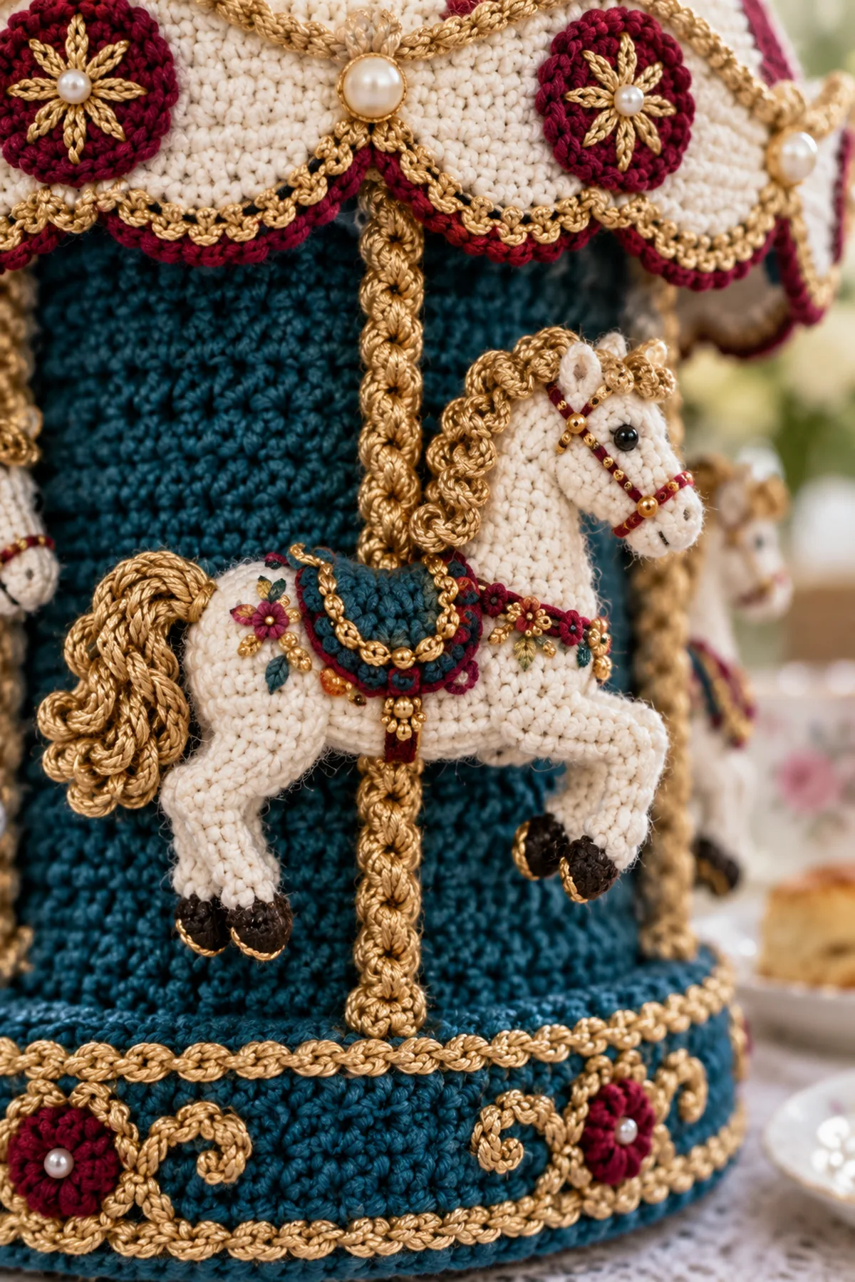 Close-up of sculptural crochet carousel horse gold saddle picot canopy and teal ribbed band