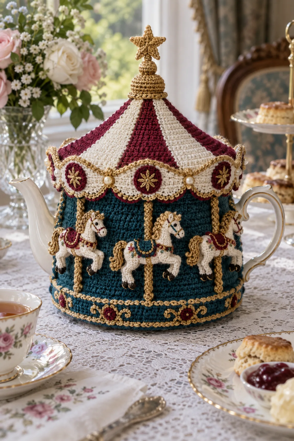 Finished Victorian carousel crochet tea cozy with burgundy cream canopy gold columns teal base and tiny horses