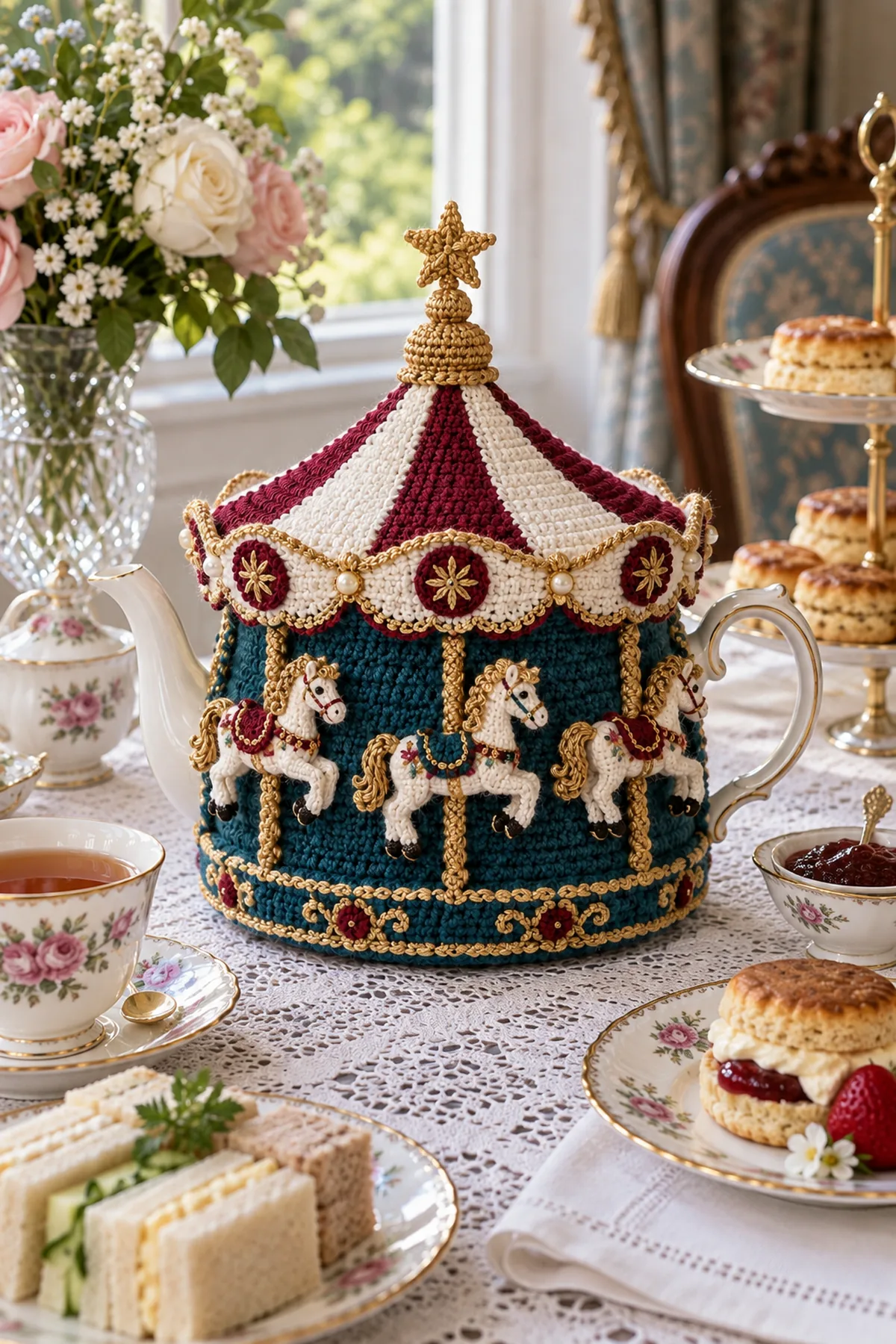 Victorian carousel crochet tea cozy covering a porcelain teapot on an afternoon tea table