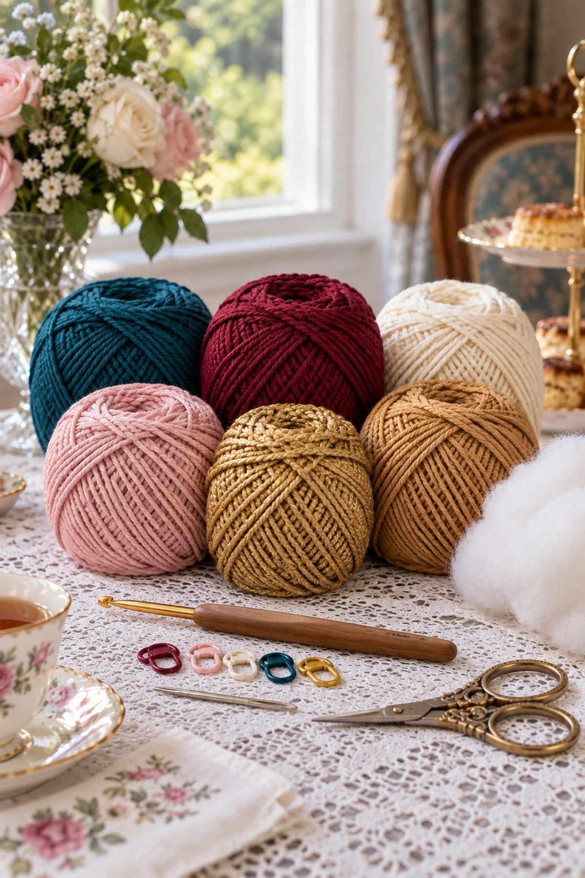 Burgundy cream gold teal blush and caramel DK cotton yarn crochet hook batting markers needle and scissors