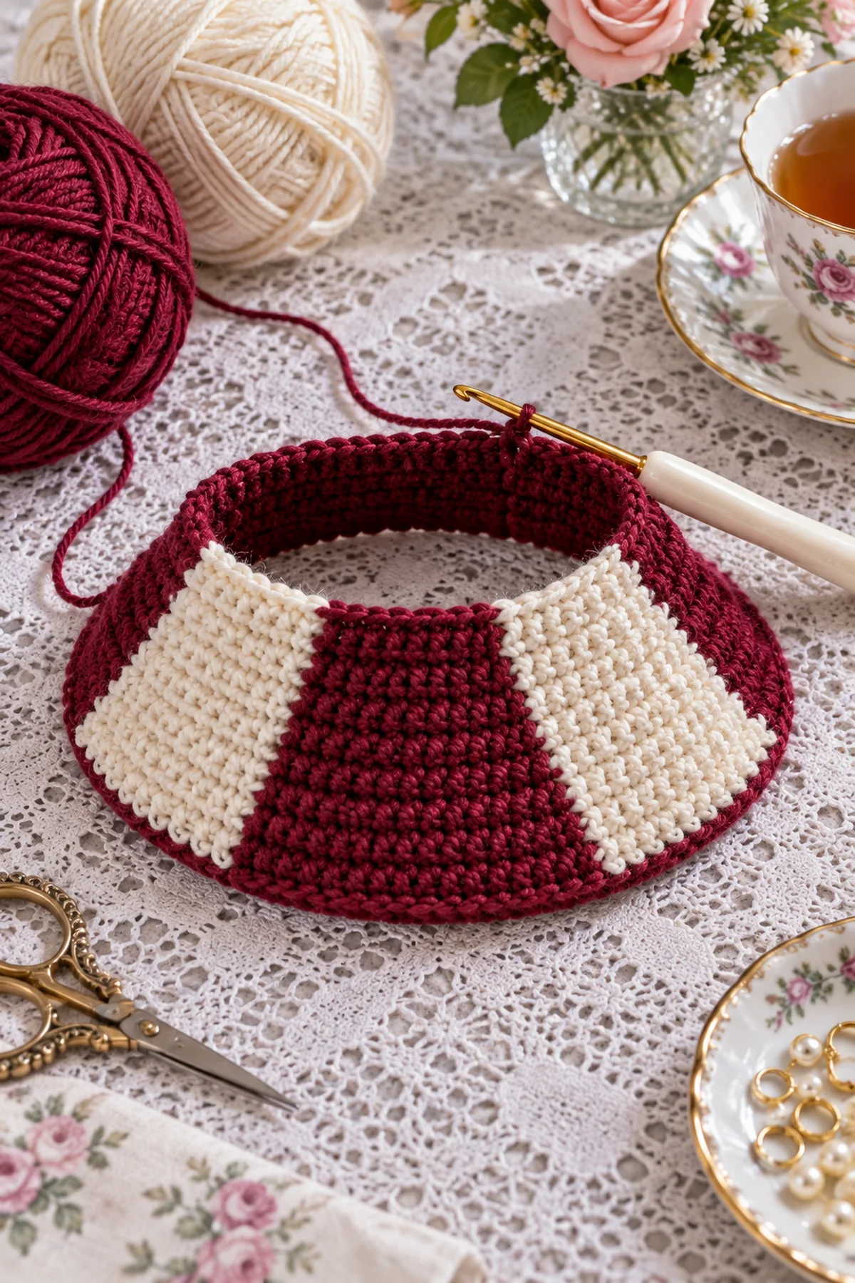 Burgundy and cream 49 stitch tea cozy foundation with first shaped stripe rows