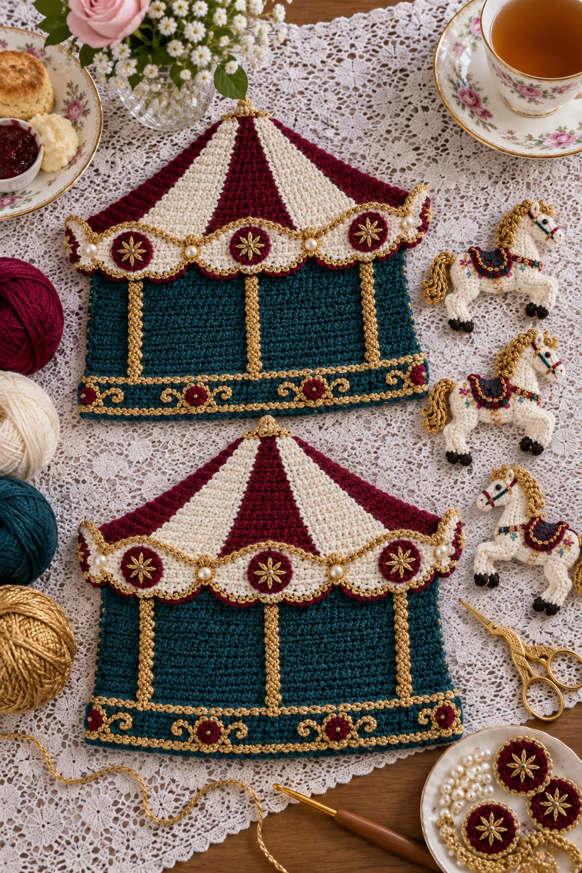 Two striped crochet tea cozy panels with raised gold carousel columns before assembly