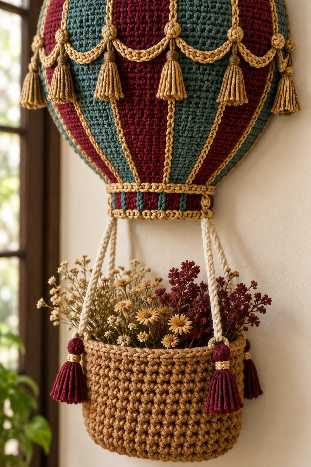 Close-up of raised gold balloon ribs cream suspension cord textured basket pocket and tassel
