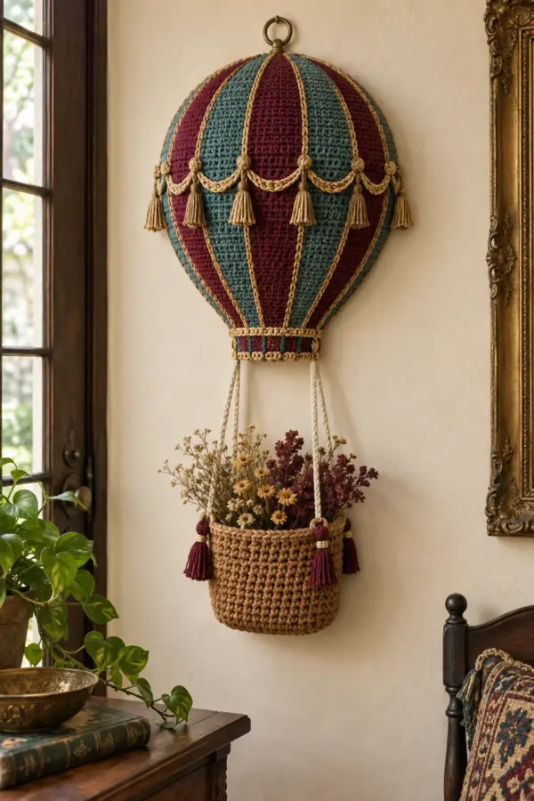 Finished crochet Victorian hot air balloon wall pocket with teal burgundy gold balloon and caramel basket