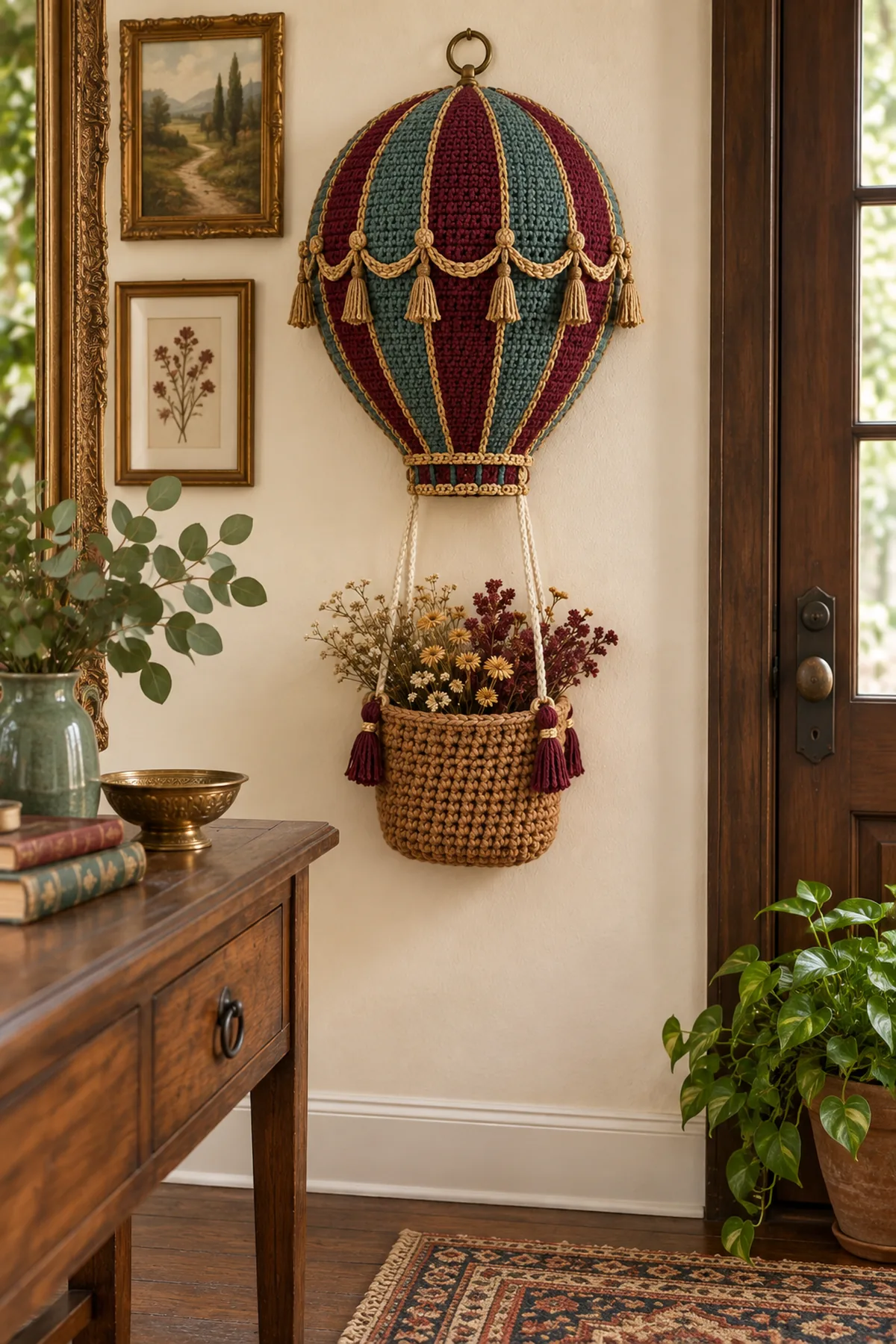 Victorian hot air balloon crochet wall pocket holding dried flowers in an eclectic entryway