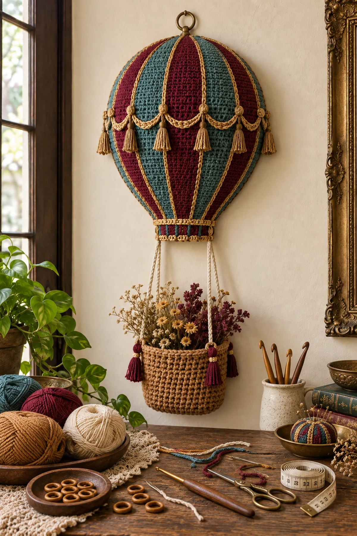 Teal burgundy gold caramel and cream DK cotton crochet hook wooden ring markers needle scissors and tape