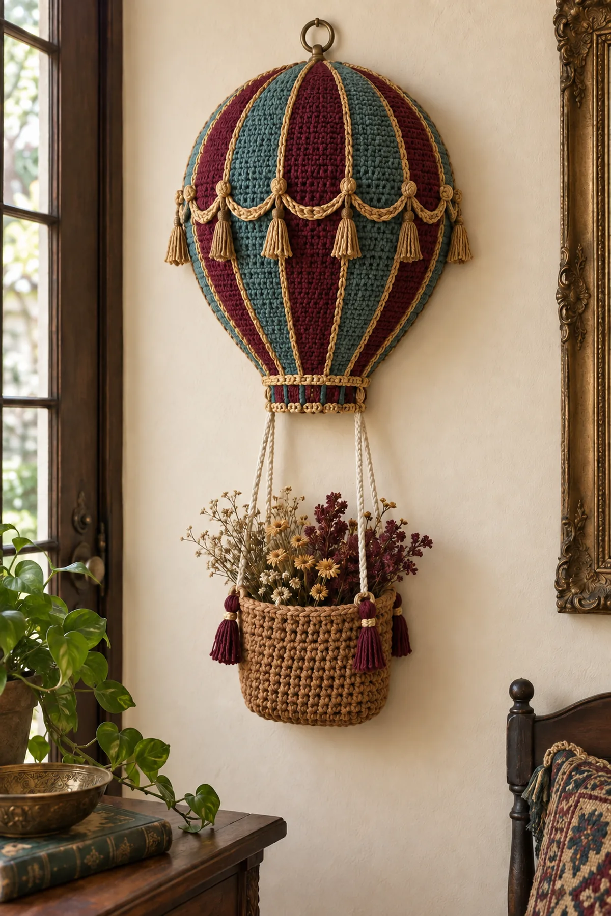 Dusty teal and burgundy 55 stitch balloon foundation with first shaping rows