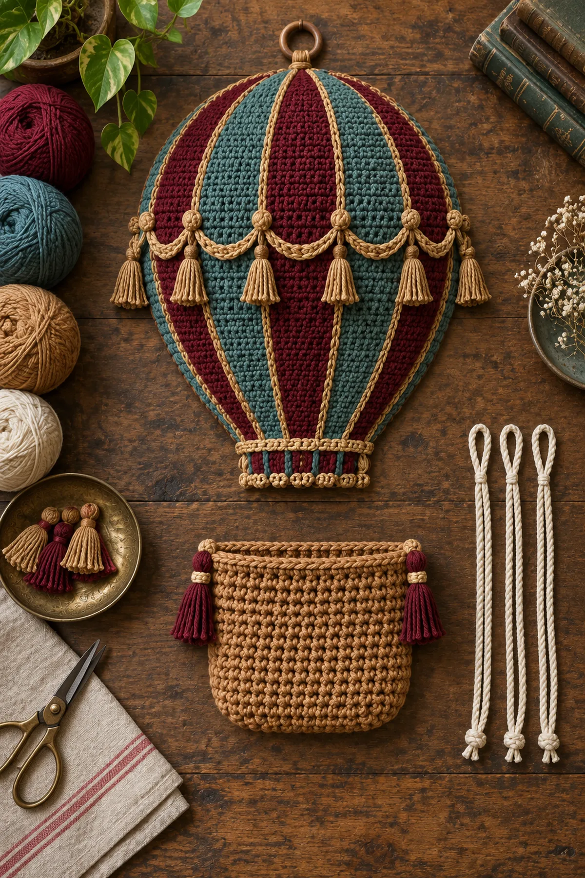 Shaped striped crochet balloon panel and separate caramel basket gusset before assembly