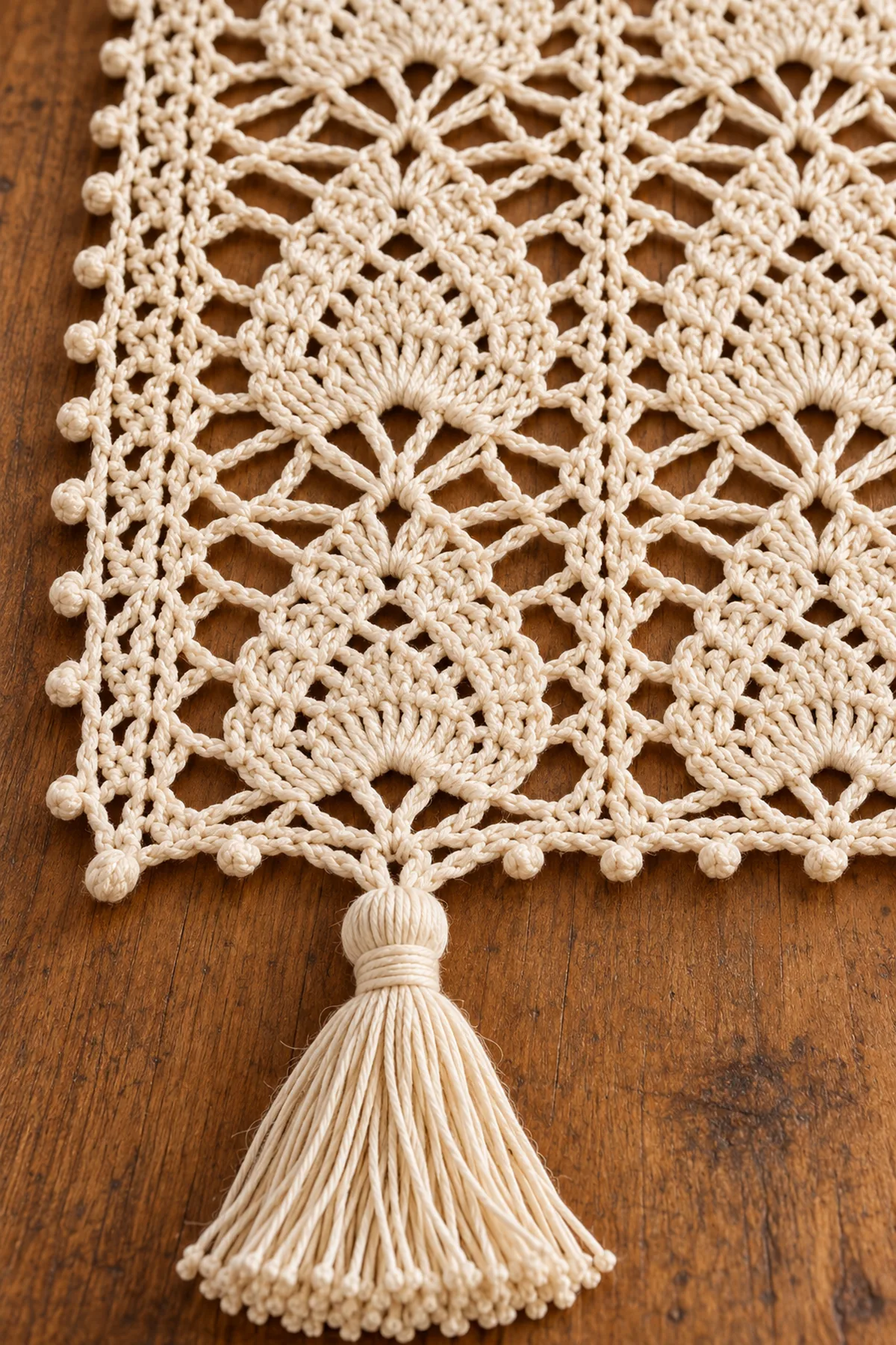 Close-up of ecru pineapple shell lattice beaded picot edge and tassel head