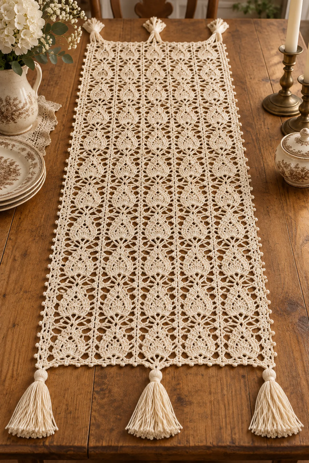Finished ecru vintage crochet lace table runner with pineapple shell panels picot edge and six tassels
