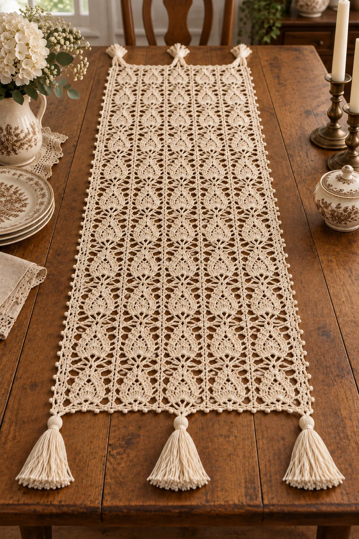 Vintage ecru lace tassel crochet table runner styled on an antique wooden table