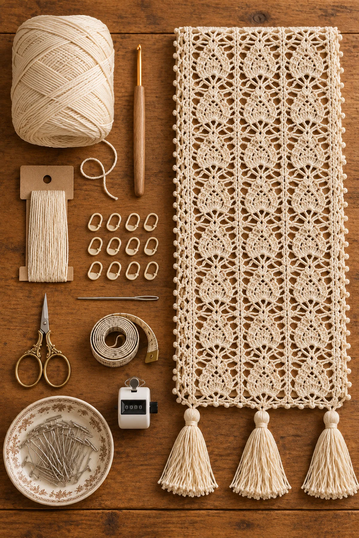 Ecru sport cotton fine crochet hook tassel template markers needle scissors and blocking pins
