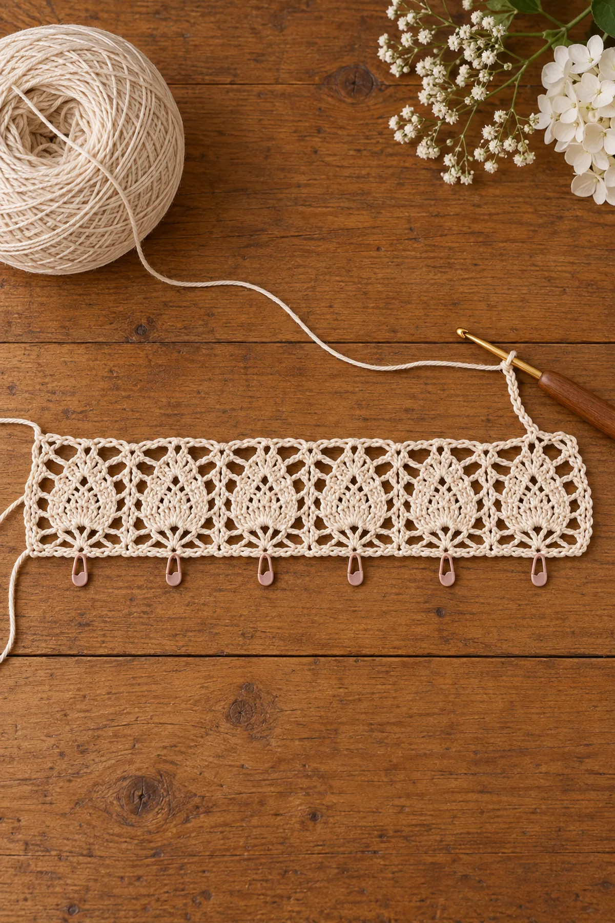 Ecru 91 stitch lace foundation with the first pineapple shell fan row in progress