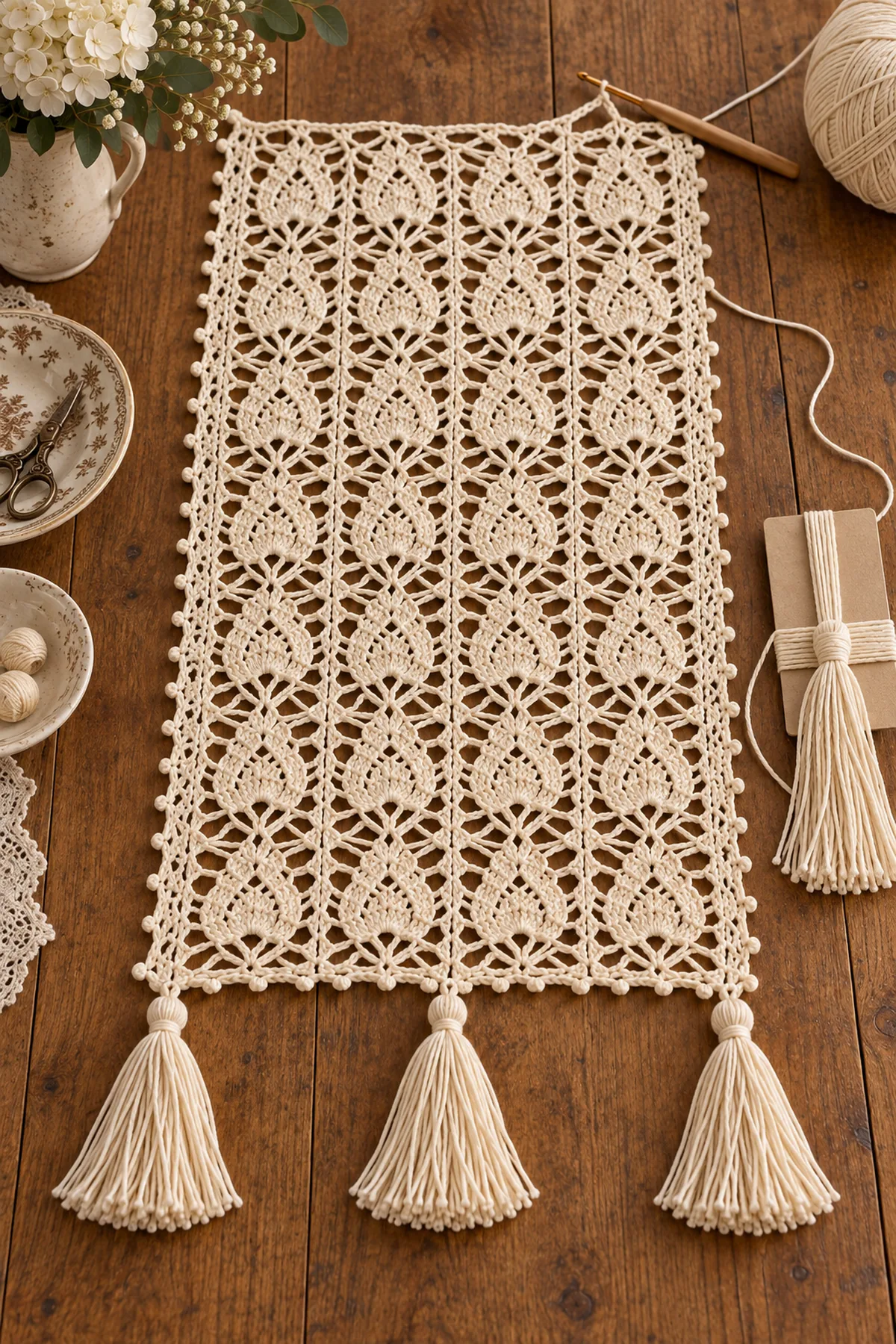 Partly completed vintage shell lace runner with three handmade tassels beside it