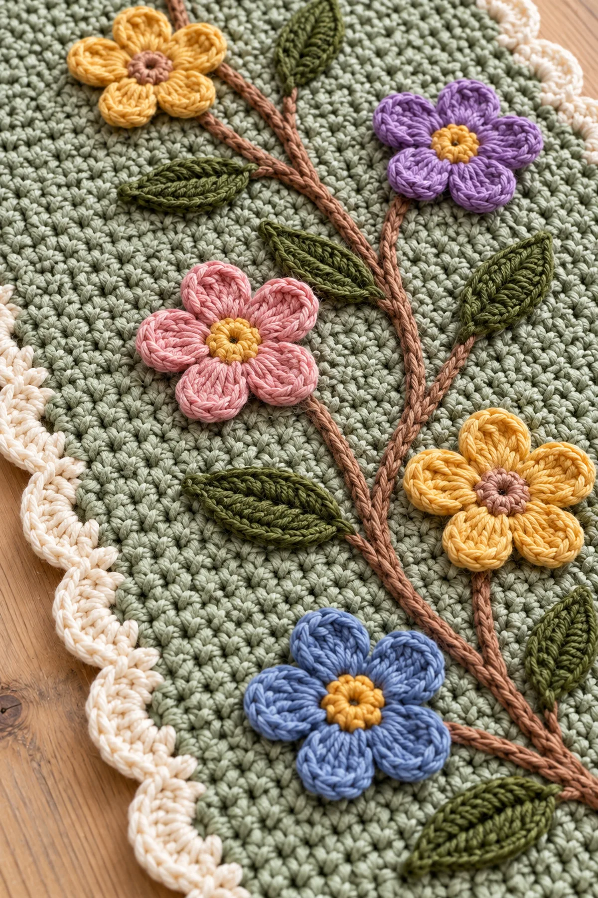 Close-up of colorful crochet wildflowers leaves surface stem linen stitch and ivory scallops