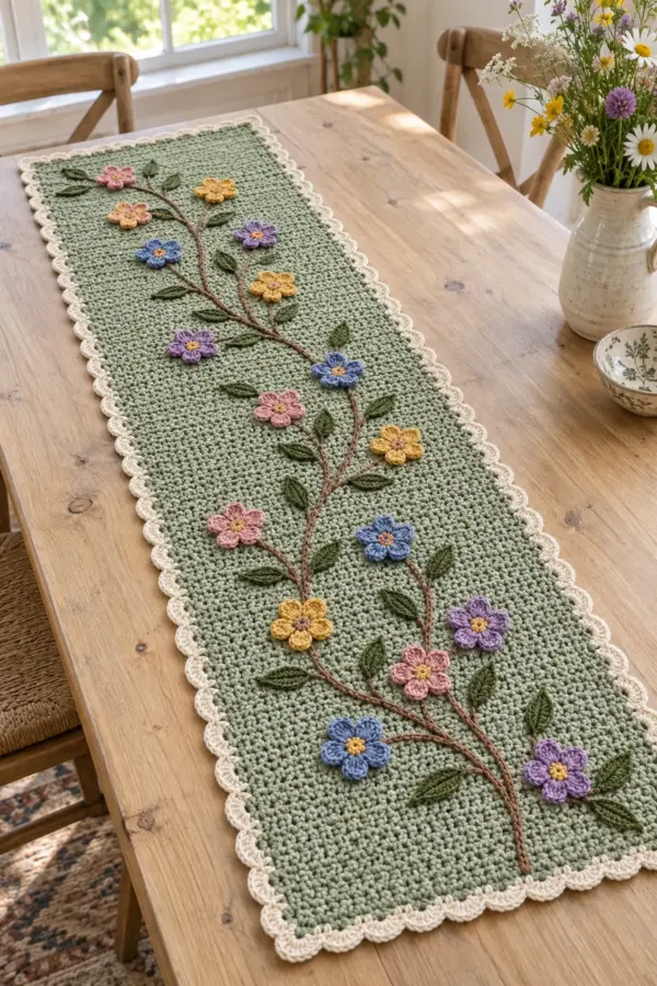 Finished sage crochet wildflower table runner with colorful small blooms and ivory scallops