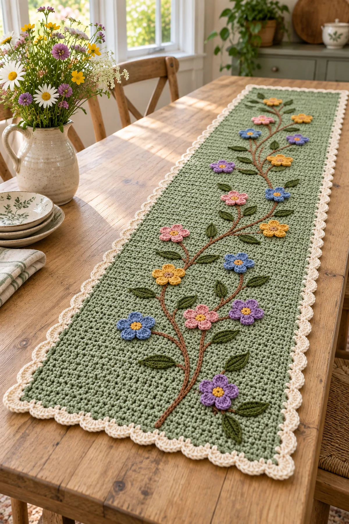 Wildflower meadow crochet table runner styled on a bright spring dining table