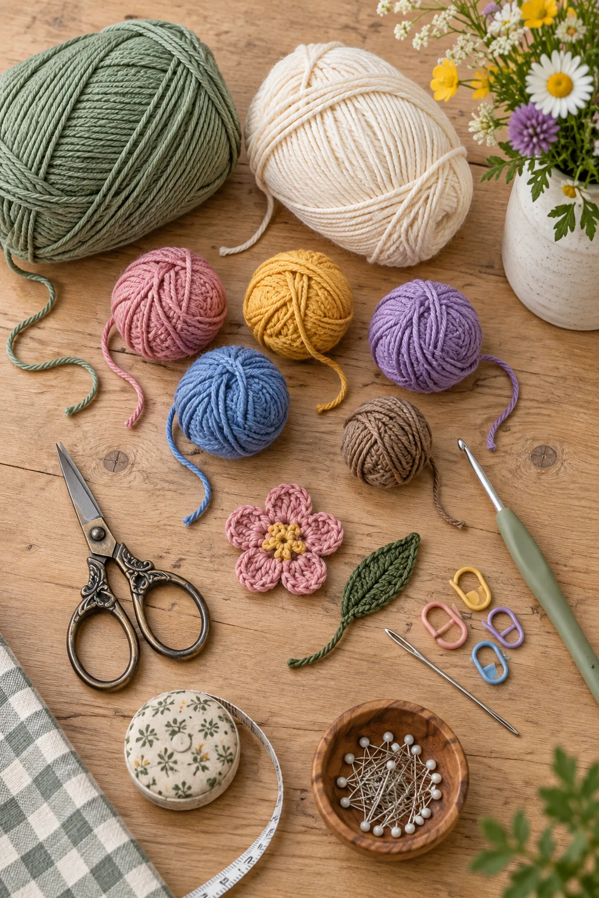 Sage ivory brown pink yellow lavender and blue cotton yarn with hook markers needle scissors and tape
