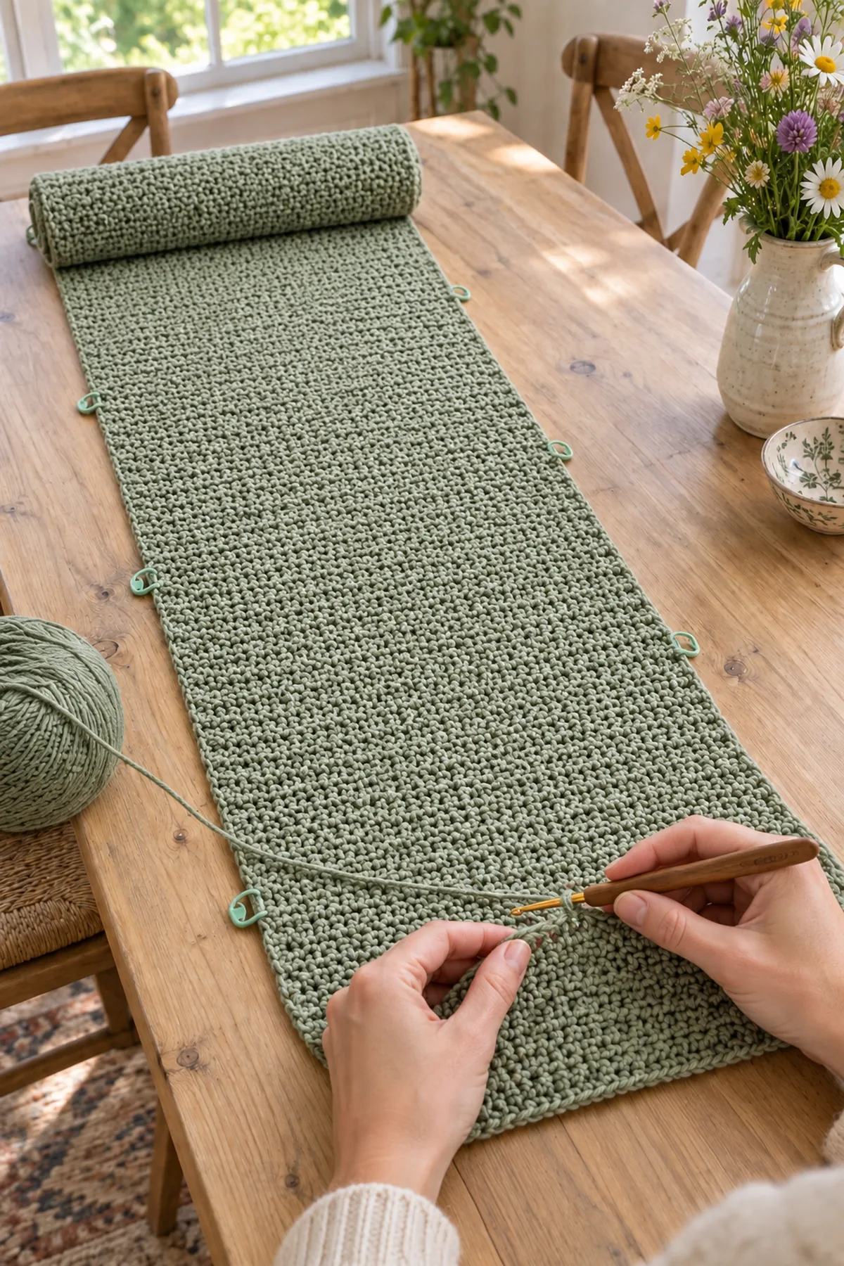 Long sage linen stitch crochet table runner base in progress