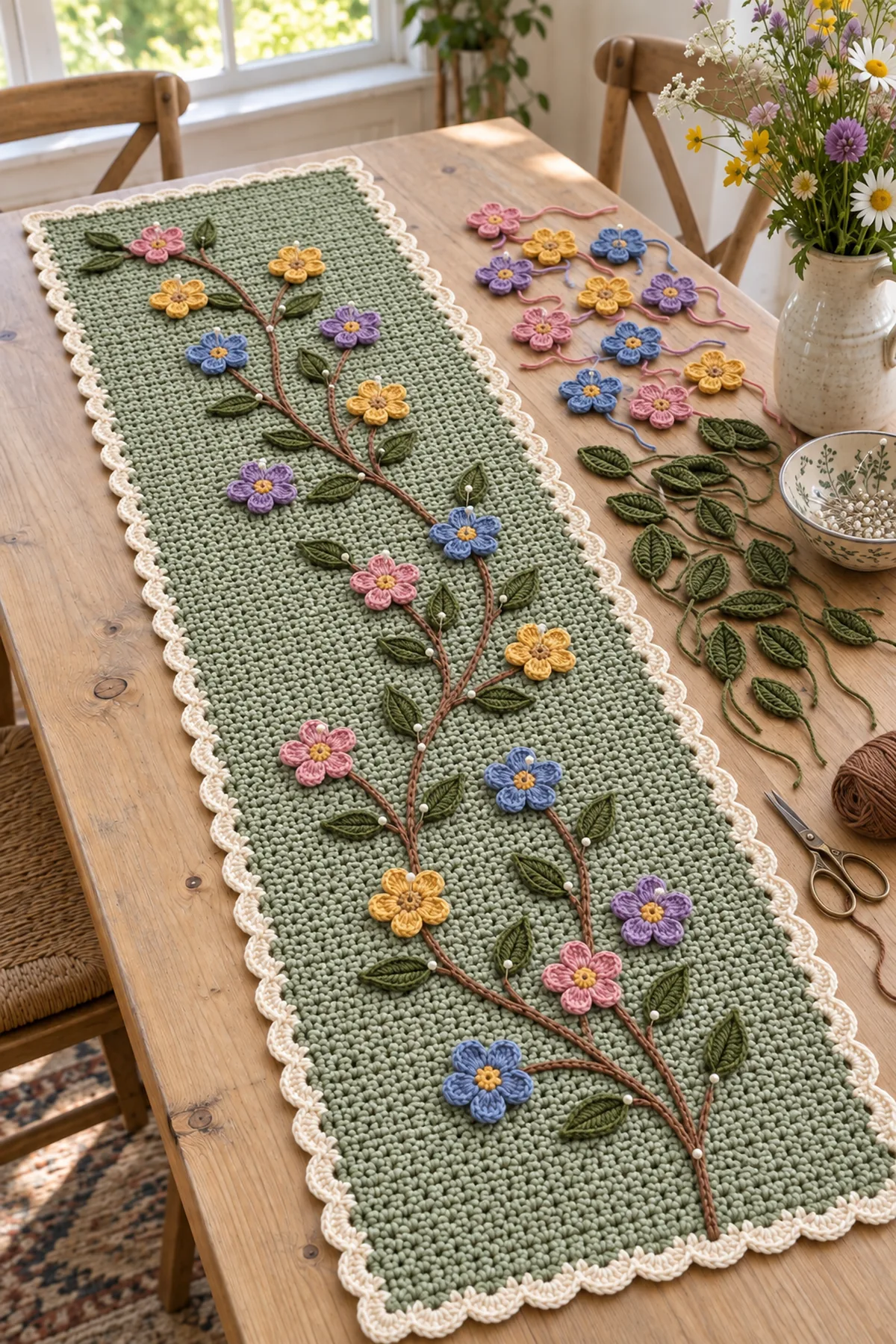 Bordered sage runner with brown stems and loose wildflower motifs arranged for sewing