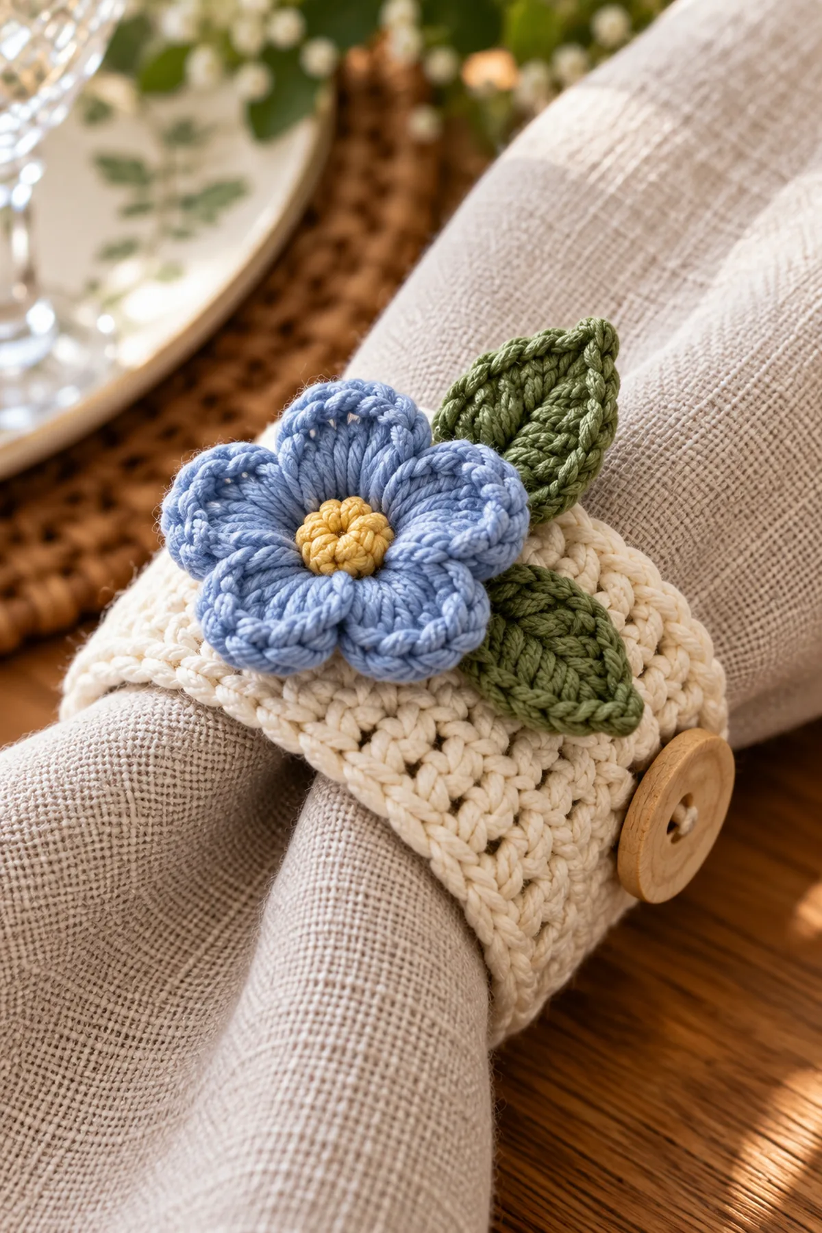 Close-up of crochet wildflower petals sage leaves cream band and wooden button