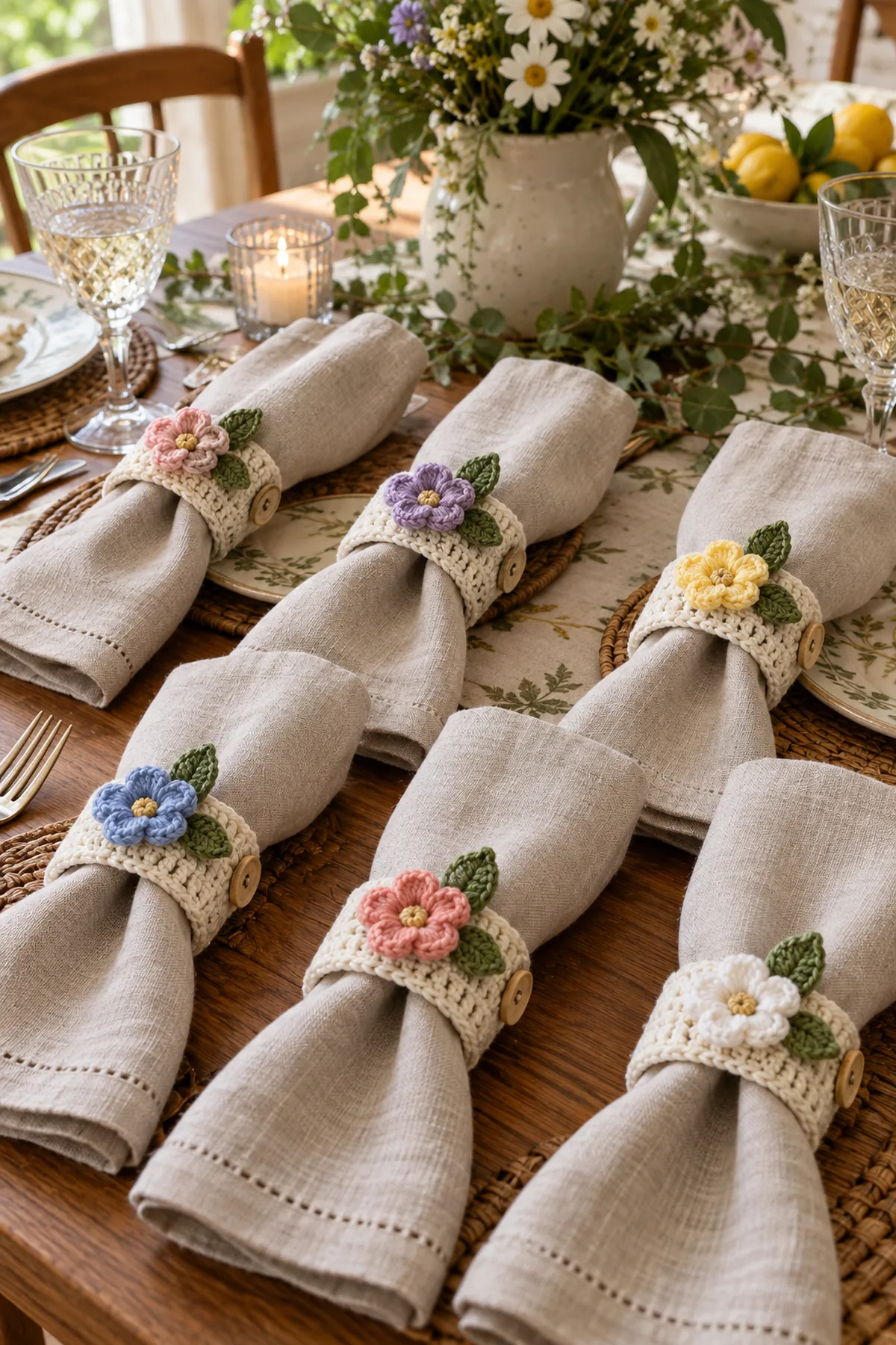 Six crochet wildflower napkin rings in assorted soft colors with sage leaves