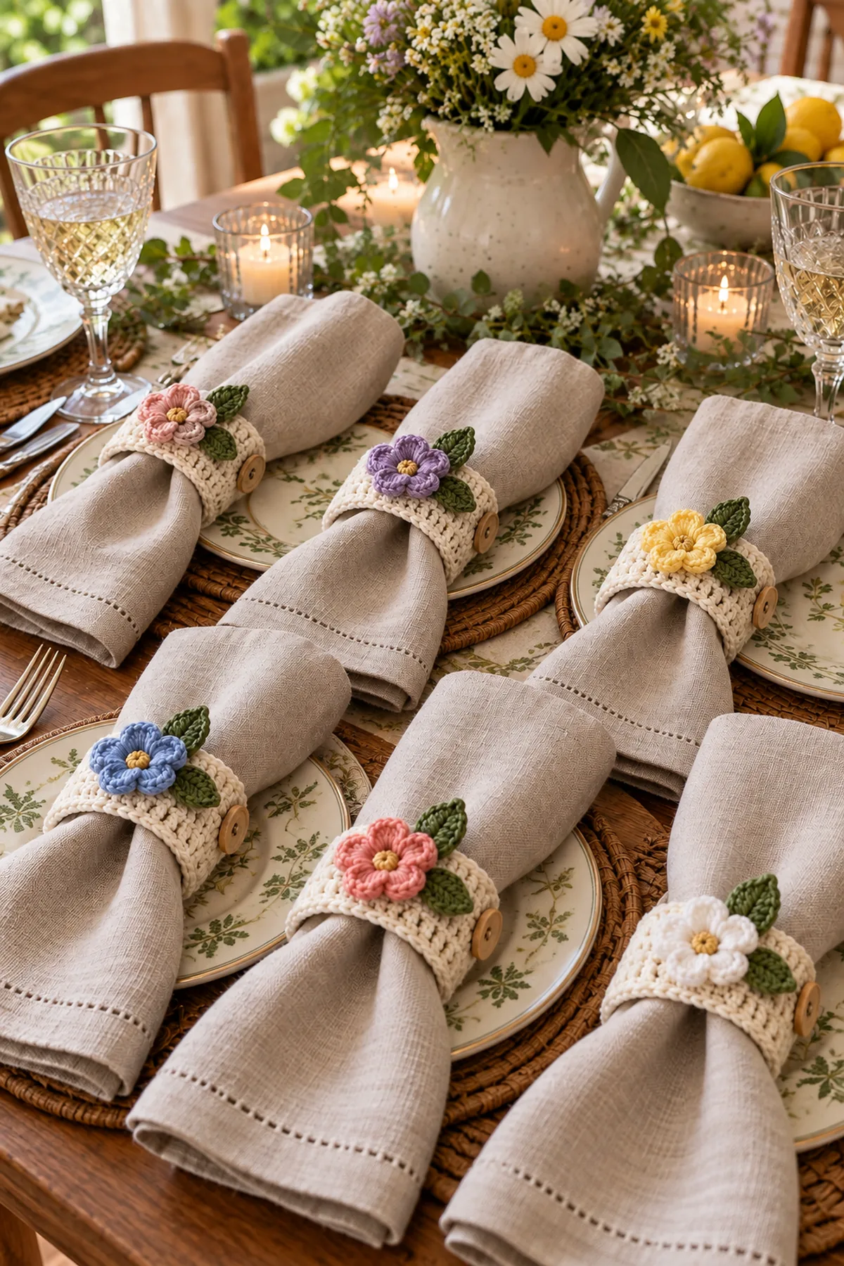 Complete wildflower crochet napkin ring set styled with six linen napkins