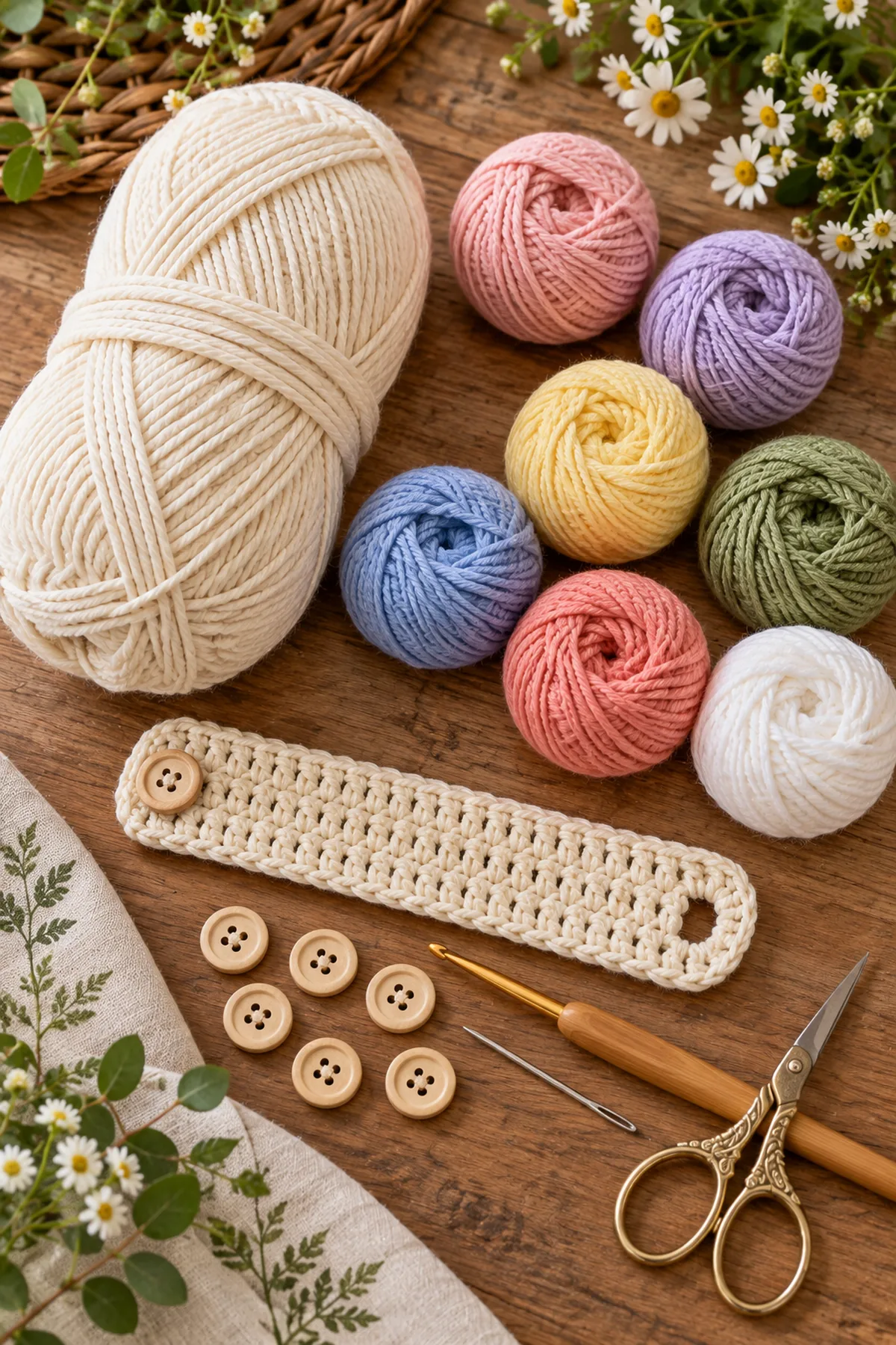 Cream and colorful sport cotton crochet hook six wooden buttons markers needle and scissors