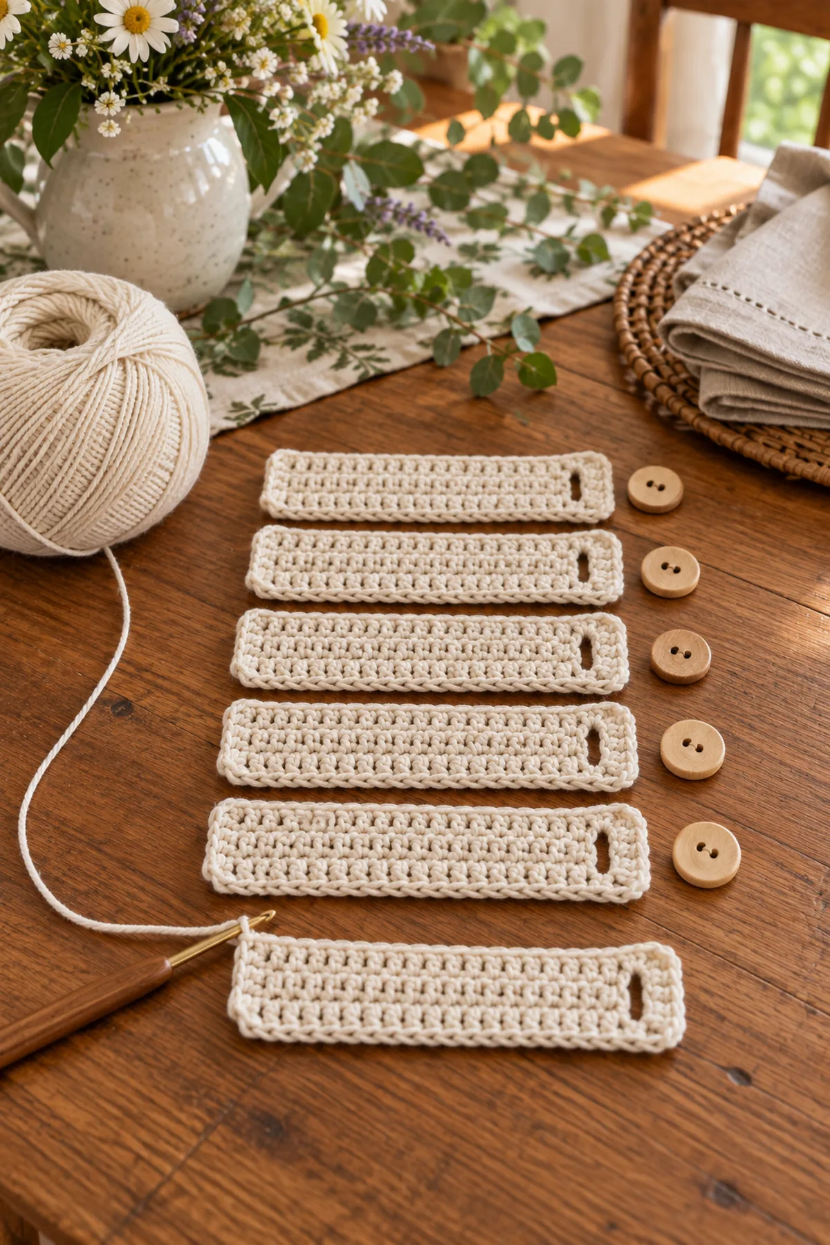 Small blush crochet wildflower center after the first petal round