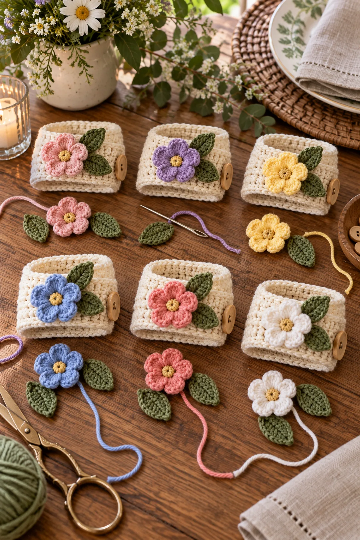 Six cream crochet napkin ring bands with buttonholes and flower motifs ready to attach
