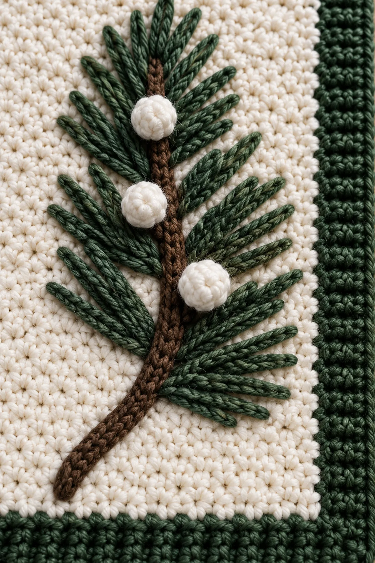 Close-up of crochet pine needles brown surface stem white snow bobble and ribbed green border