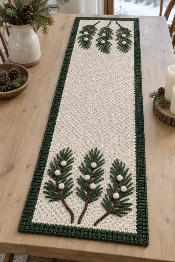 Finished ivory crochet winter table runner with six green pine branches and white snow bobbles