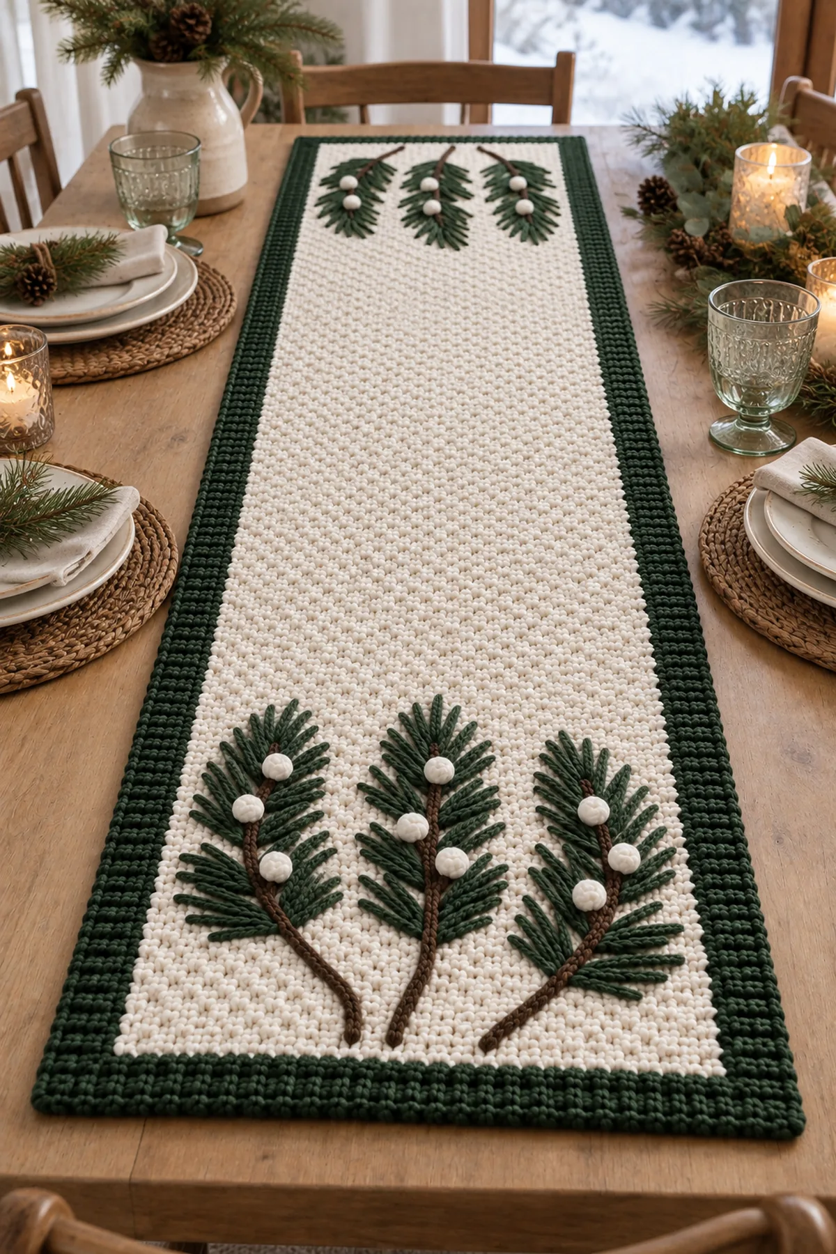 Winter pine branch crochet table runner styled on a simple woodland dining table
