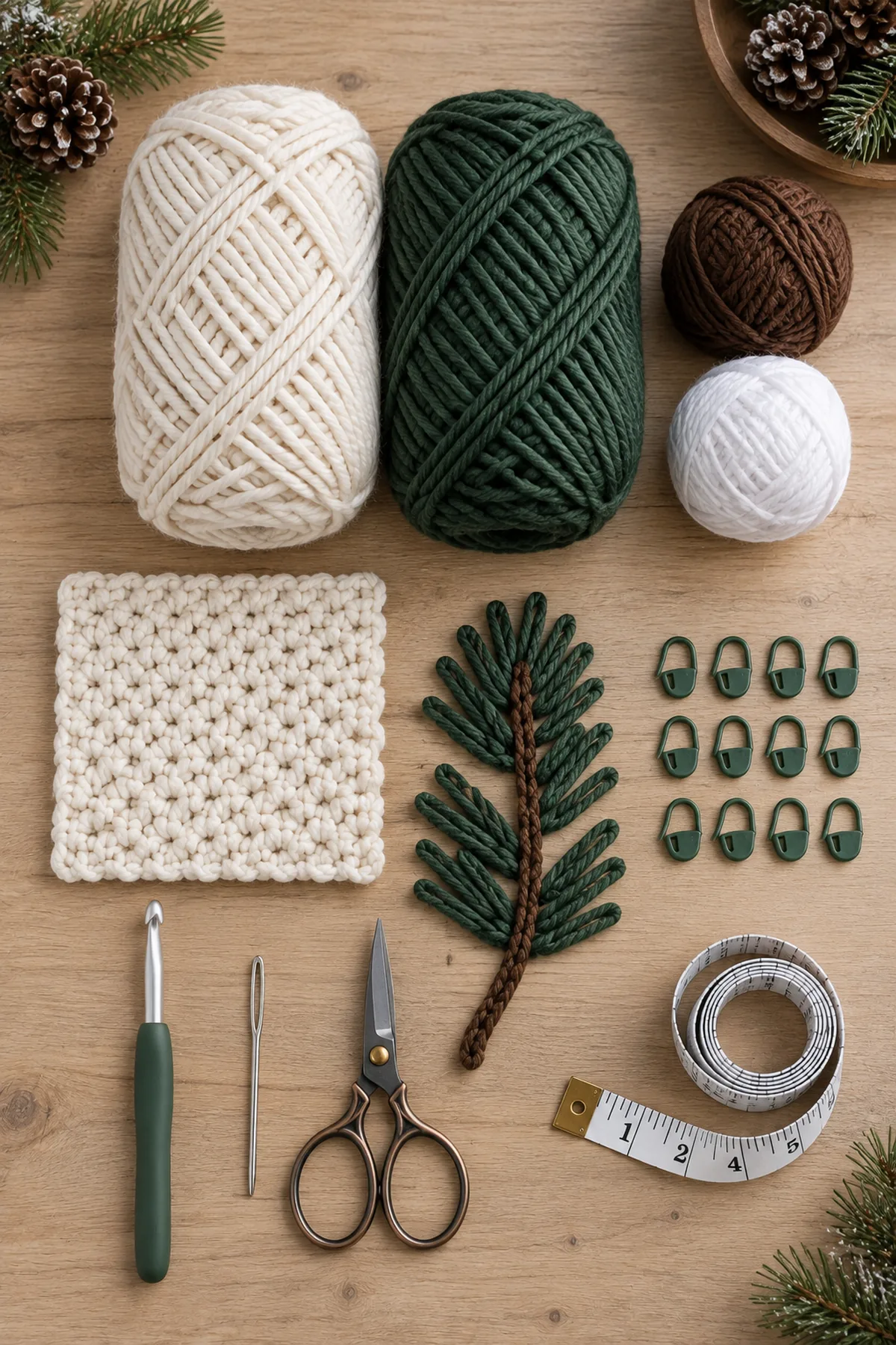 Ivory green brown and white cotton yarn with hook markers needle scissors and tape