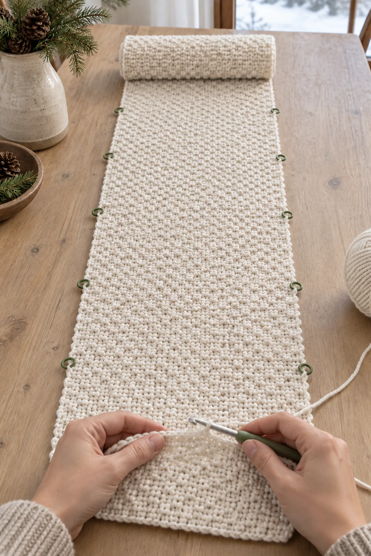 Long ivory moss stitch table runner base in progress with markers