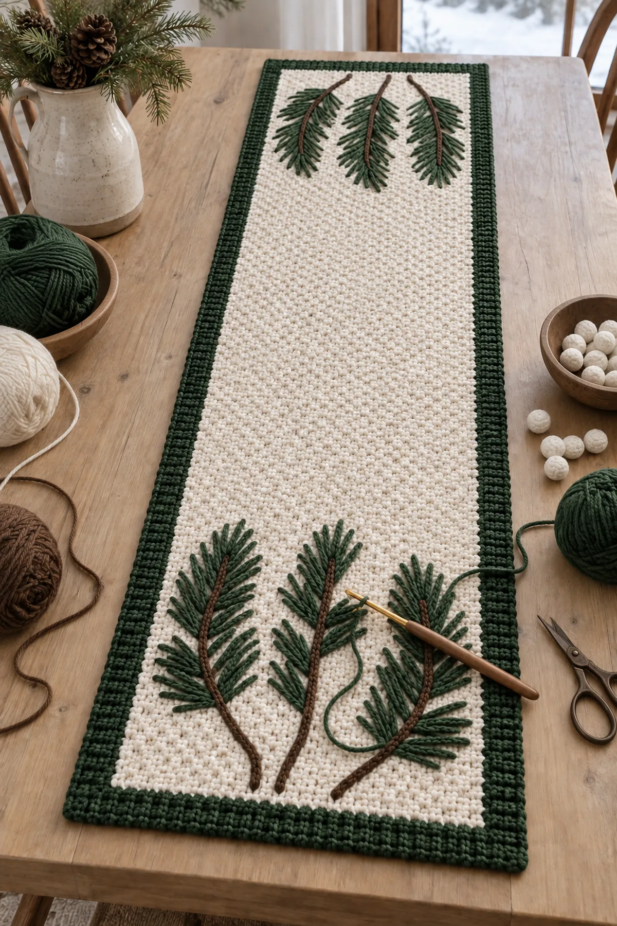 Bordered ivory runner with brown surface stems and green pine needle clusters being added