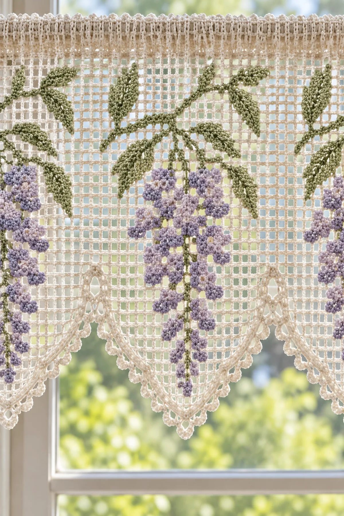 Close-up of open and filled filet mesh lilac overlay flowers and picot scallop